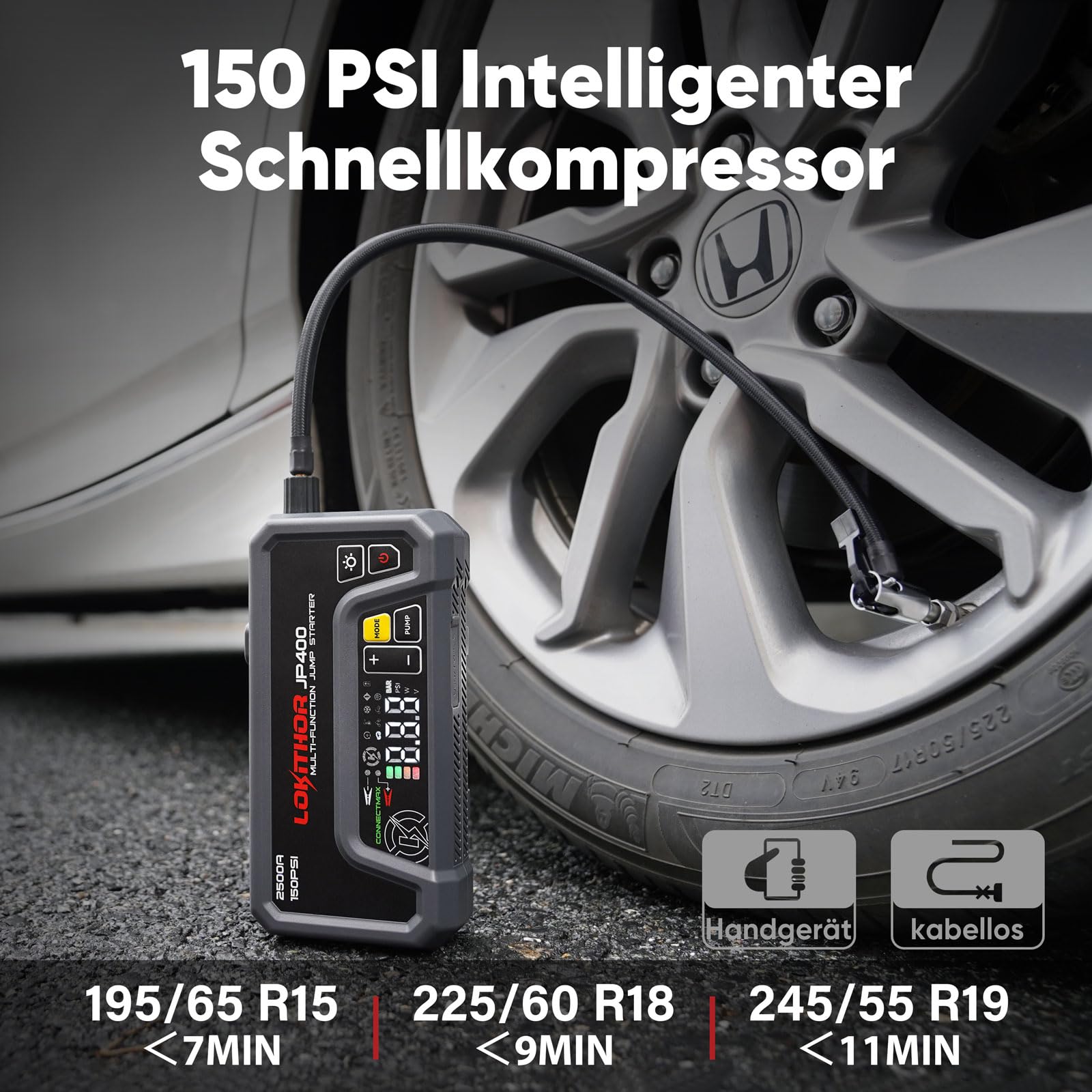 LOKITHOR JP400 Starthilfe Powerbank mit Kompressor, 2500A 12V Jump Starter tragbar für Pkw bis 8,5L Benzin / 6,5L Diesel, 150PSI Reifenfüller mit Auto-Stopp & ConnectMax Technologie