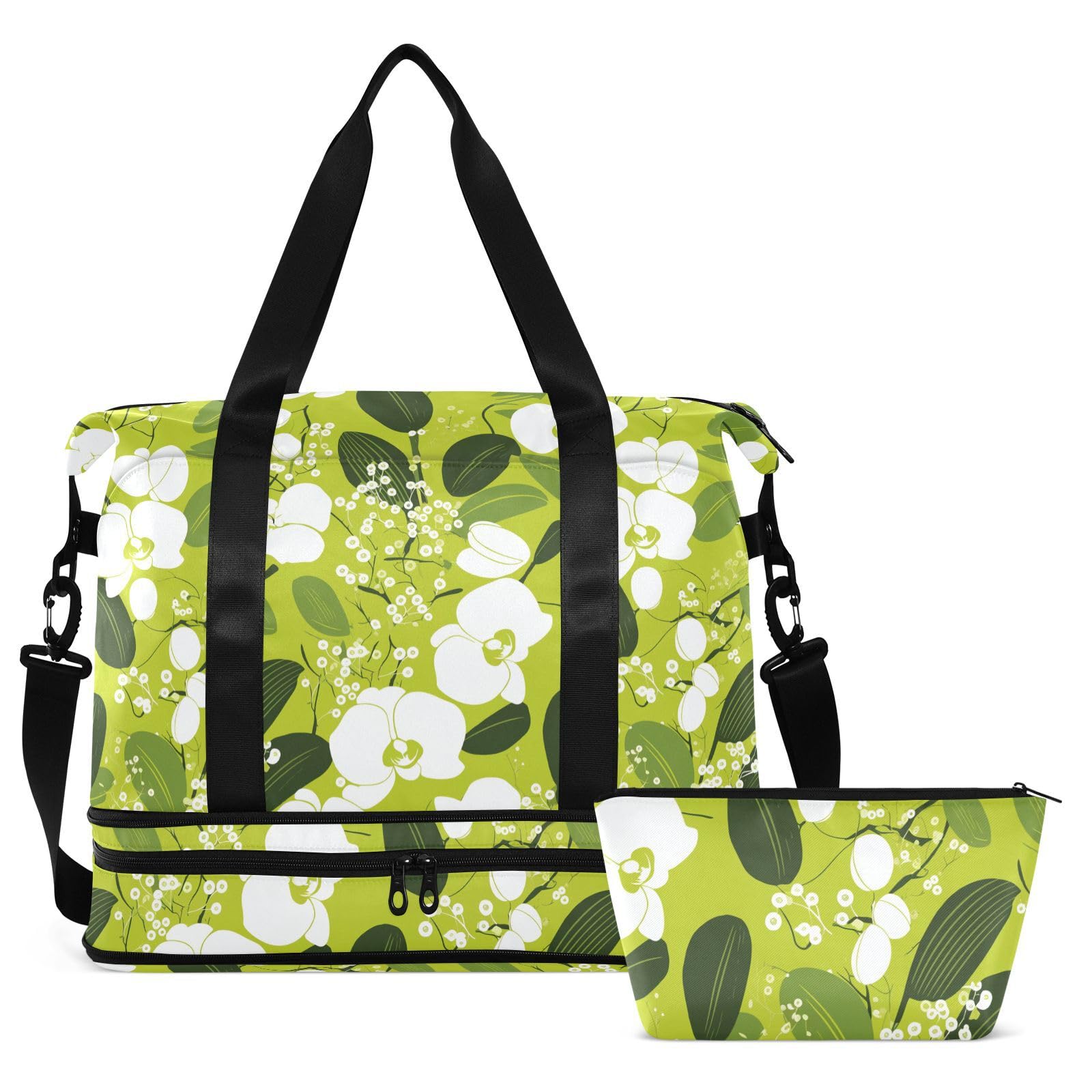 Reisetasche mit grünem Blumenmuster, Weiß, 2-teiliges Set, Reisetasche, Wochenendtasche, Übernachtungstasche, mit verstellbarem Gurt, für Flugreisen