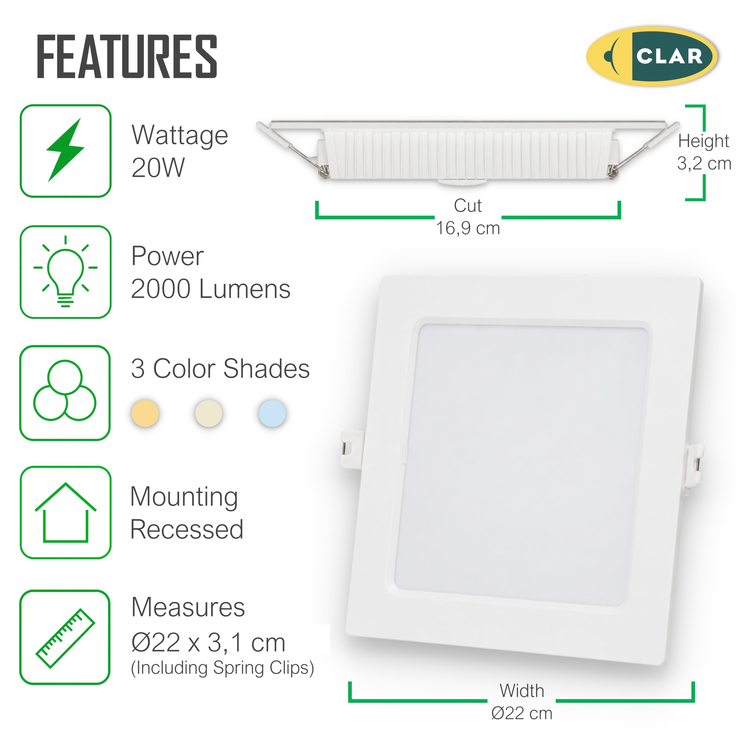 CLAR – Faretto quadrato da incasso 20 W, Downlight per bagno, lampadario moderno per ufficio o camera da letto, CCT (3000ºk-4000ºk-6500ºk) (Pack 10)