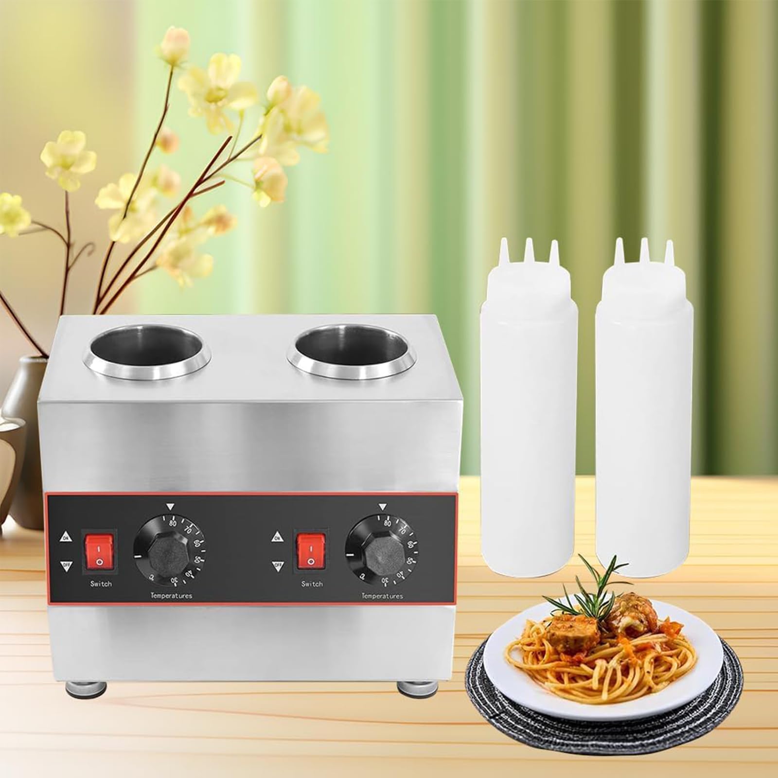 Chauffe-sauce électrique commercial avec 2 bouteilles à presser de 650 ml, distributeur de sauce électrique commercial, à température contrôlée, pour réchauffer le chocolat, le beurre et la confiture
