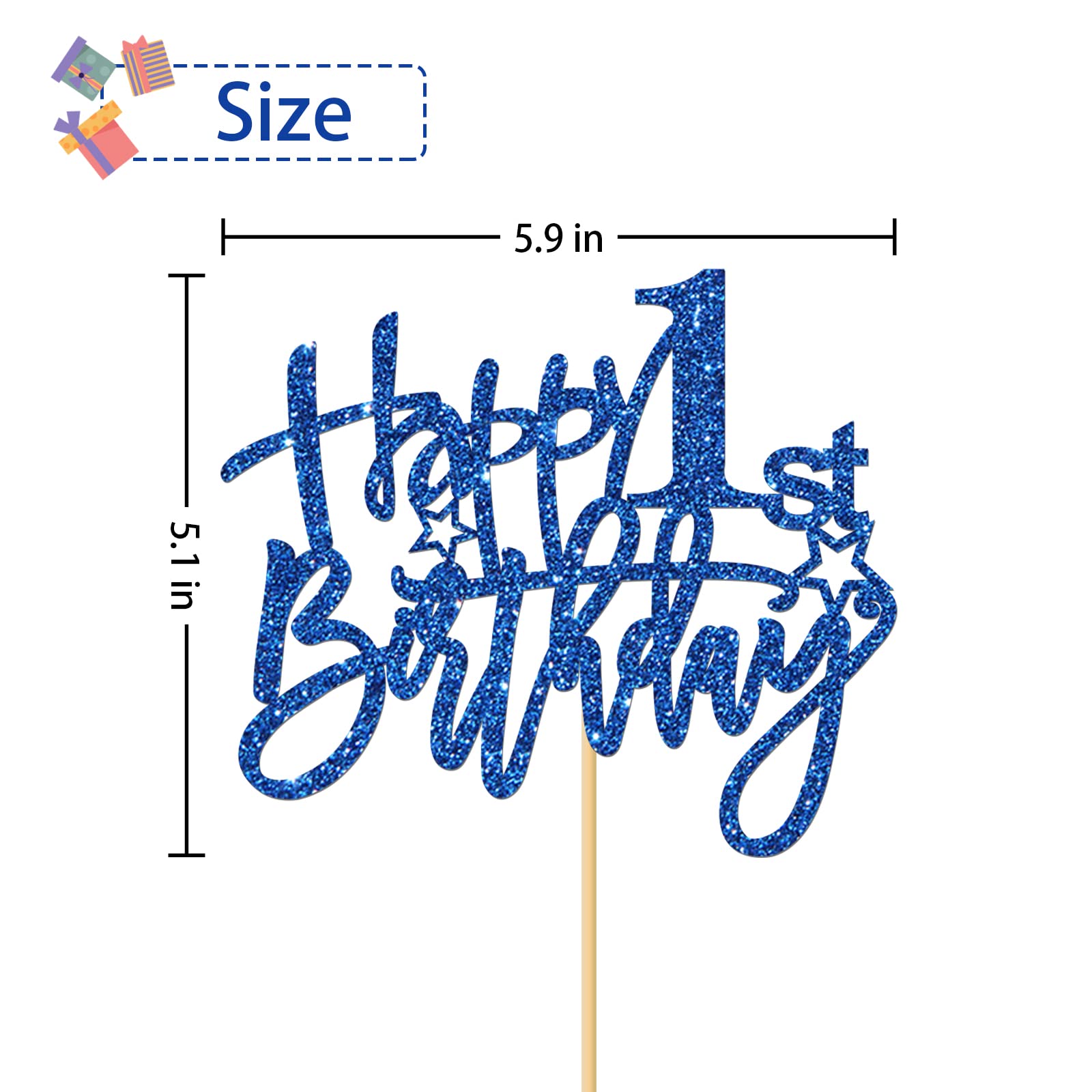 RoadSea Happy 1st Birthday Cake Topper - Baby Girl Boy One Year Old Birthday Cake Supplies - First Birthday Party Decorations - Blue Glitter (1st)