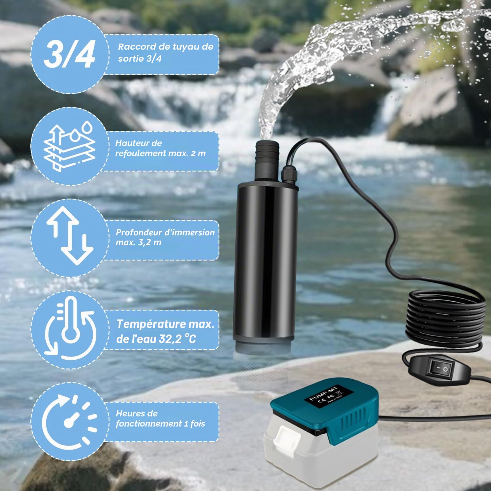 ‌Pompe à Eau Portable pour Makita 18 V‌, Pompe de Transfert D'eau Sans Fil 30 L/Min‌, ‌65 W‌ Pompe à Eau électrique pour Jardin, Camping, Spa, Piscine, Aquarium (Sans Batterie)
