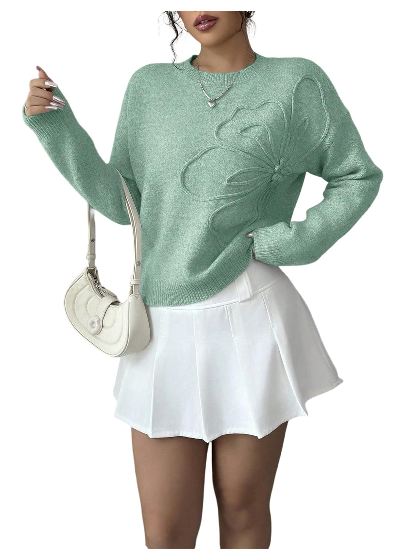 RoseSeek Women's 3D Floral Appliques Sweaters Long Sleeve Knit Tops