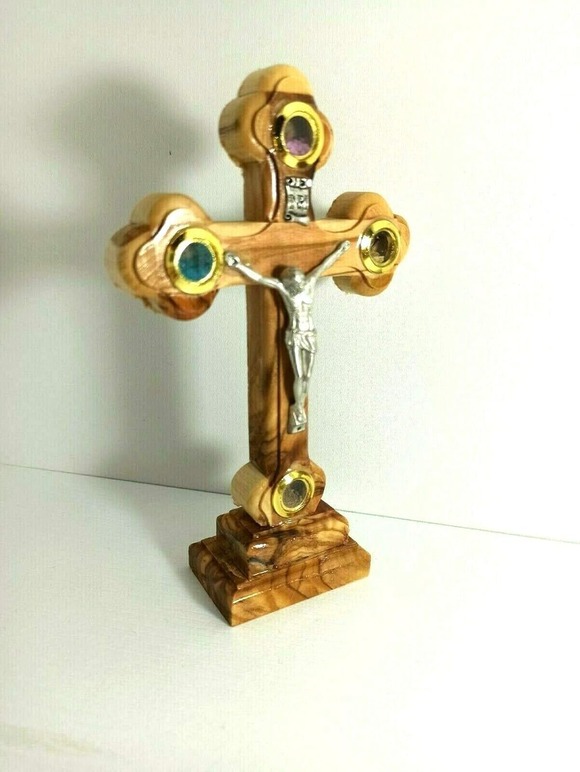 authentic Olive Wood Stand Cross with Holy Incense Soil Hand Made in The Holy Land Bethlehem Crucifix Jesus Jerusalem Carved Name