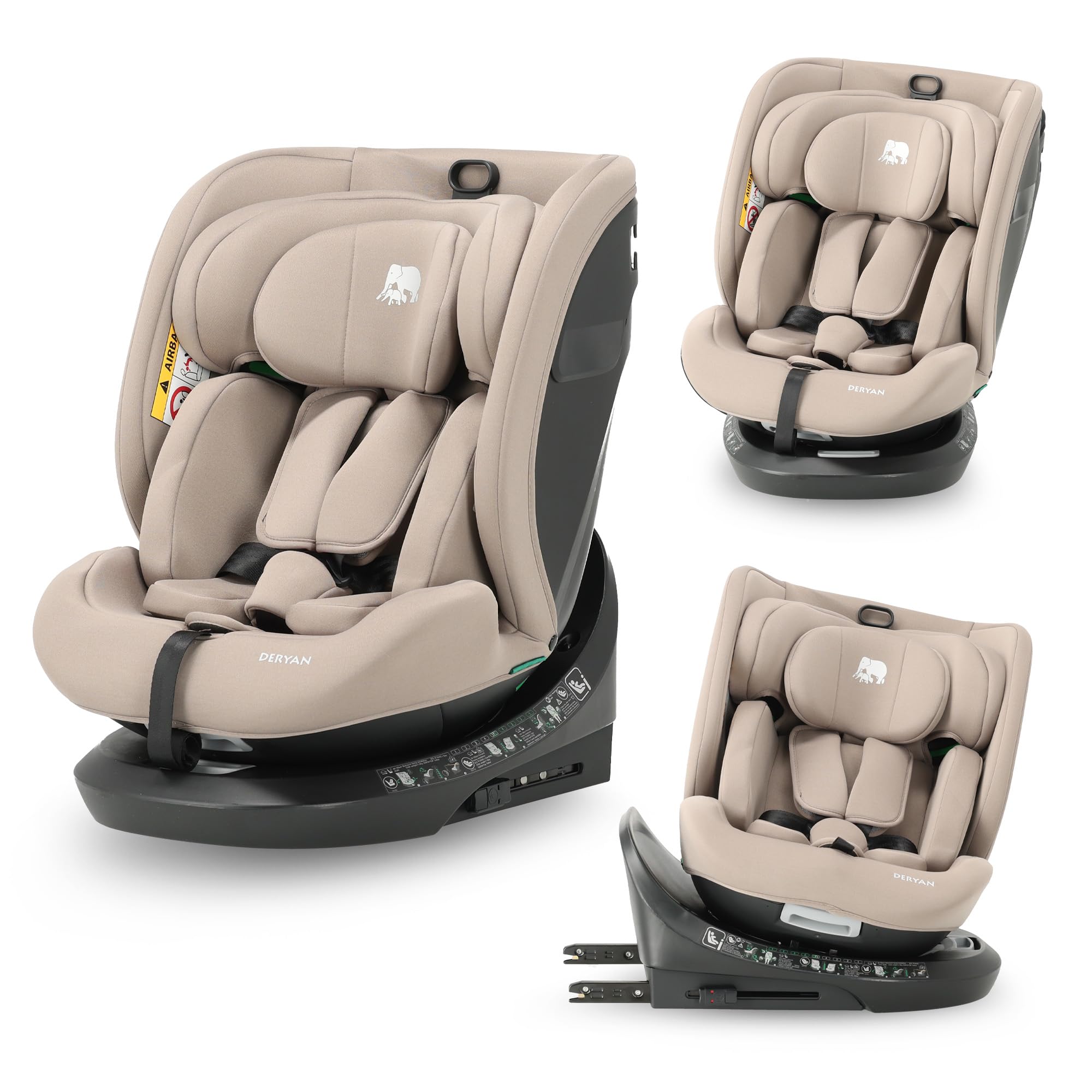 Deryan Cassie i-Size Rotazione 360, Seggiolino Auto 40-150 cm, 0-12 anni (0-36 kg), ISOFIX con Top Tether, Seggiolino Reclinabile 6 Posizioni, 10 Posizioni Poggiatesta, Tessuti Traspiranti (Torrone)