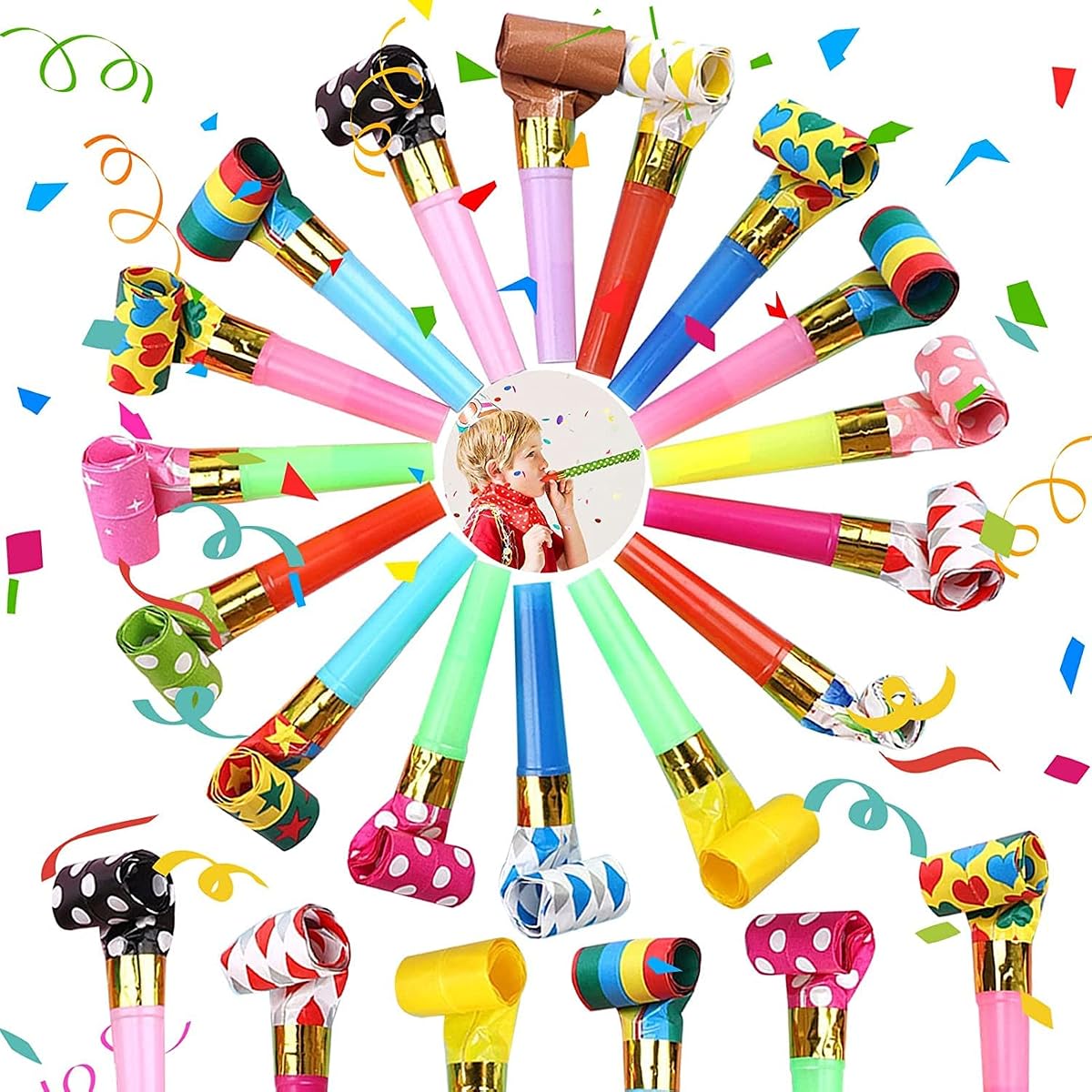25 sopladores de fiesta, matracas de colores, sopladores de fiesta, generador de ruido con flecos, matracas de cumpleaños, cuernos de soplado de cumpleaños, silbatos de fiesta