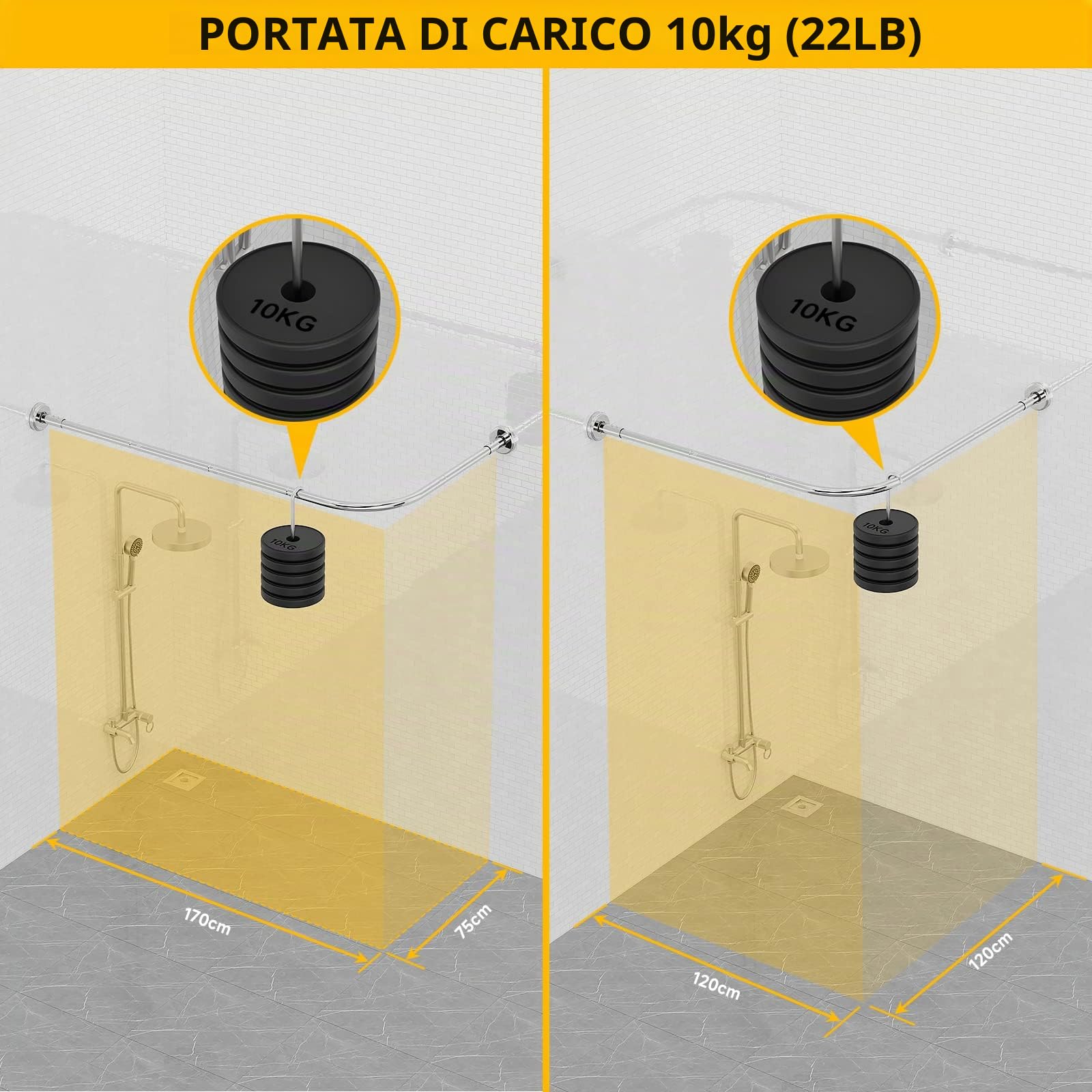 Asta per Tenda Doccia L Forma, Regolabile Bastone Tenda Doccia Angolare in Acciaio Inox, 75x170 cm Tubo Tenda Doccia con Inox Anelli, per Vasca da Bagno Bagno Spogliatoio Armadio, Forata