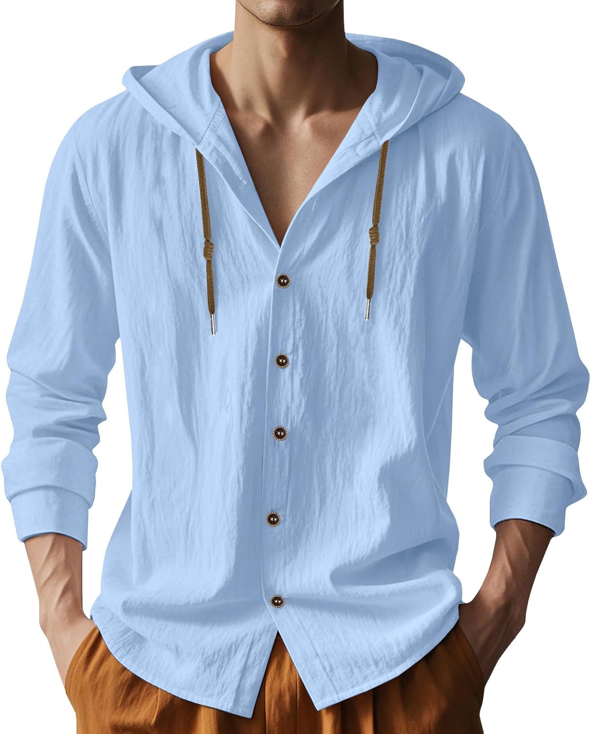 Mens Cotton Linen Hoodies Lightweight Long Sleeve Button Down Shirts Casual Hawaiian Beach Yoga Tops Sweatshirts