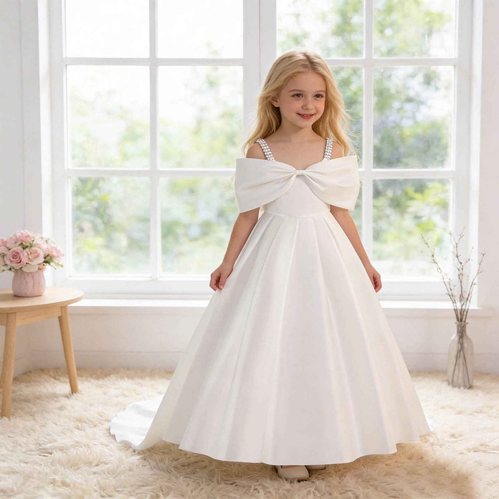 Vestito Ragazza Estivo Abito Bambina Elegante Vestiti Estivi Ragazza Elegante Abito Festa per Ragazze con Corpetto Raso Senza Maniche Fiocco Leggero Stile Matrimonio Preadolescenti Dress Compleanni