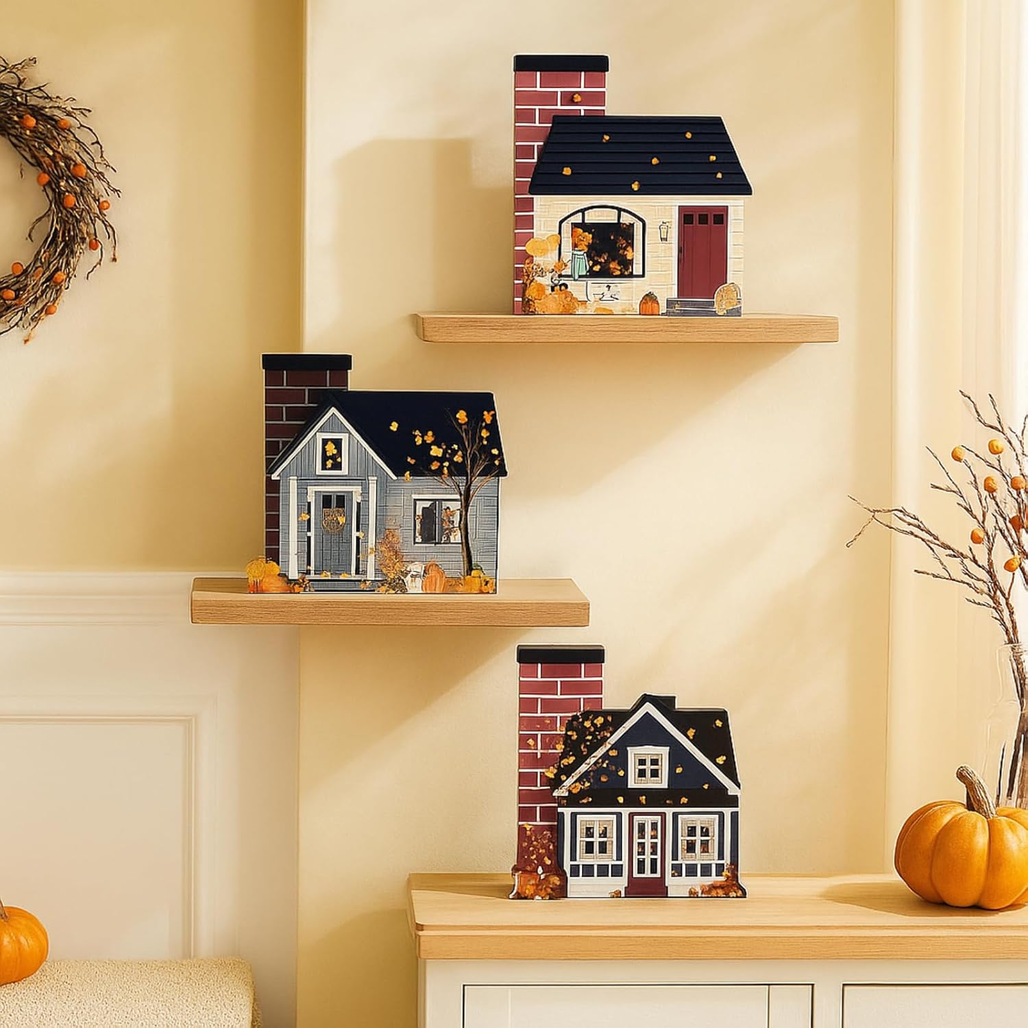 Yalikop 3PCS Fall Autumn Wooden House Signs - Rustic Farmhouse Thanksgiving Tabletop Decor for Tiered Trays, Shelves & Home Centerpieces