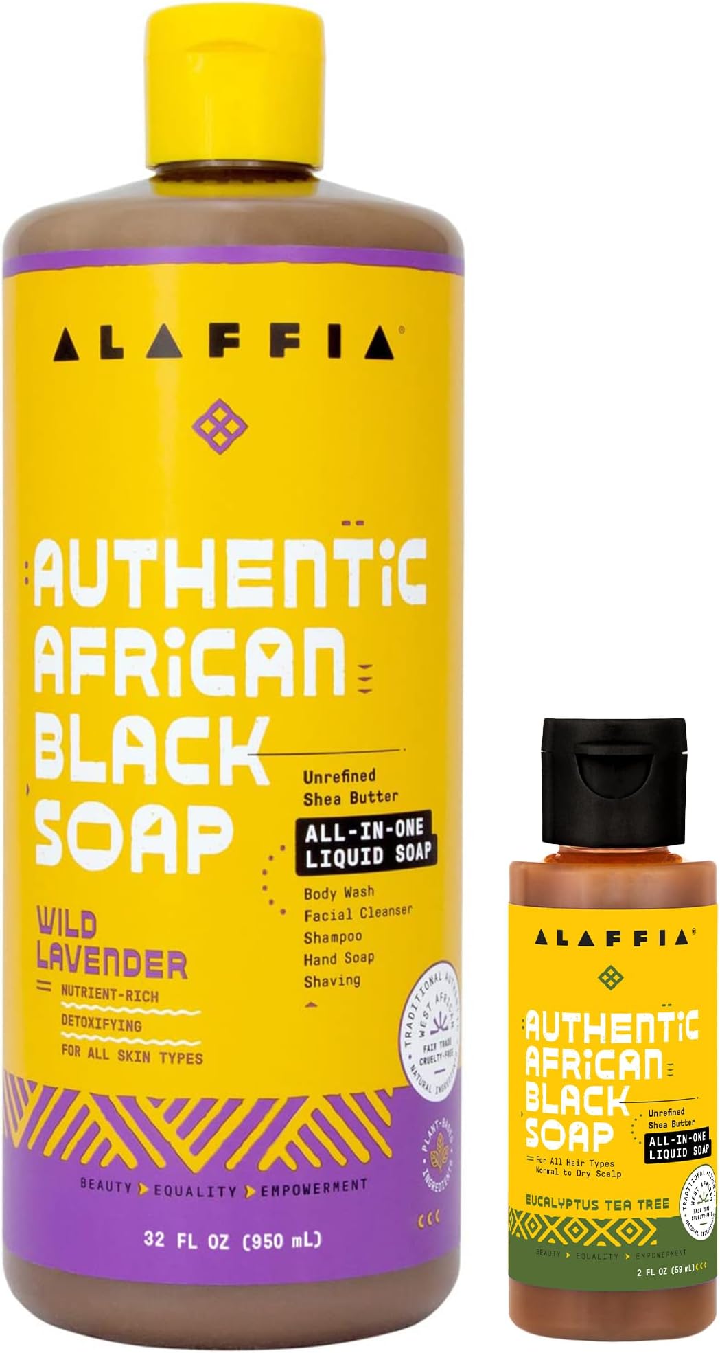 Alaffia Authentic African Black Soap Variety 2-Pack – All-In-One Liquid Soap, Travel-Size Eucalyptus Tea Tree+Full-Size Unscented Body Wash, Face Wash, Shampoo, Shaving Soap