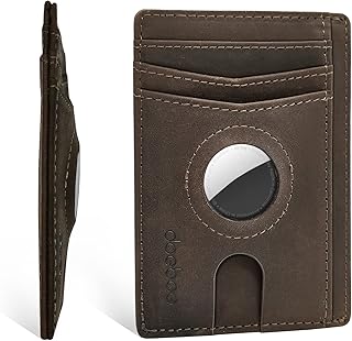 Airtag Wallet Case, Minimalist Crazy Horse Genuine Leather Pocket Wallet for Airtags, Slim RFID Blocking Credit Cards Cash Holder for Men Women with Gift Box, Dark Brown-Crazy Horse Genuine Leather