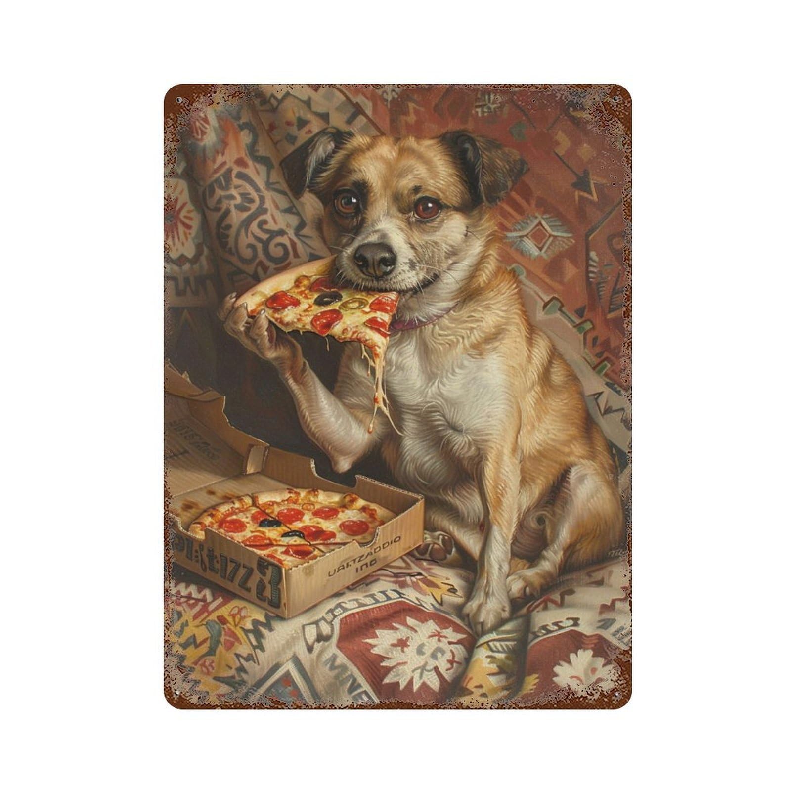 Dog Eating Pizza Art Print-2 Decorative Tin Sign 15.7"x11.8", Vintage Wall Decor for Garage, Pub Or Kitchen