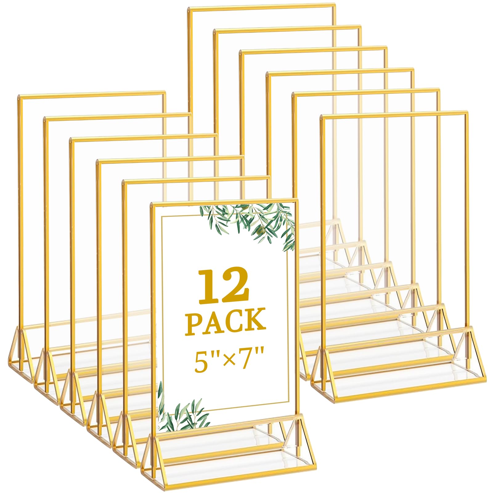 Photo 1 of Floroom 12 Pack 5x7 Inch Clear Acrylic Sign Holders, Double-Sided Gold Display Stand Picture Frames for Table Numbers, Menus, Flyers, Weddings, and Offices