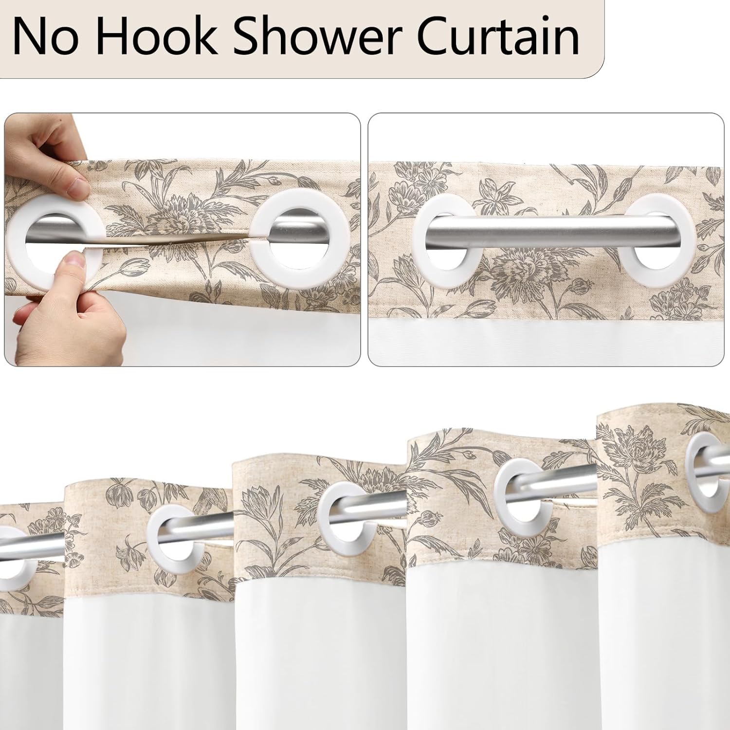 No Hook Shower Curtain with Snap in Liner Gray Floral Cotton Linen Cottagecore Shower Curtain for Bathroom 72" W x 75" L