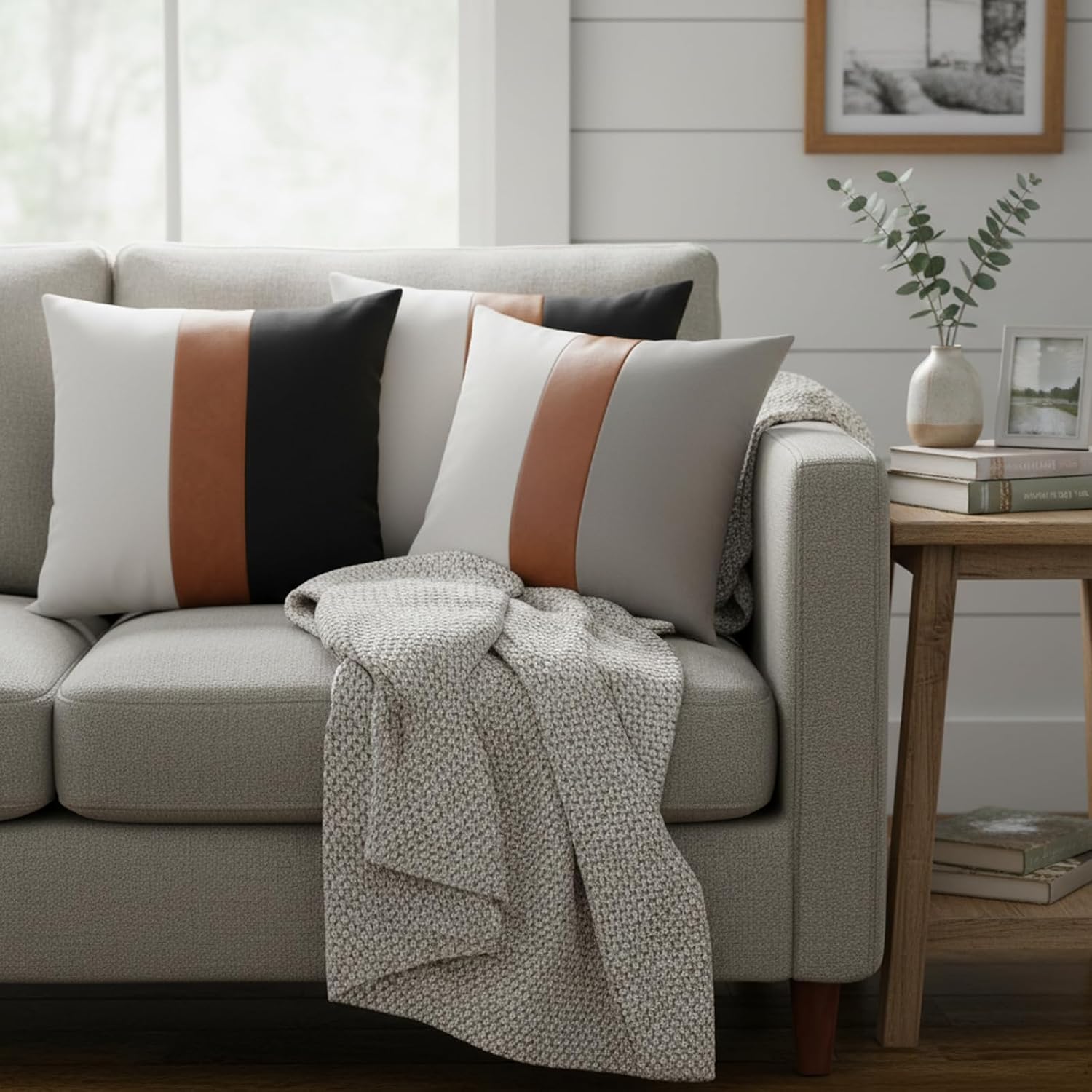‌2 Pack 20x20 Inch Throw Pillow Covers, Brown Faux Leather & Black and White Cotton Reversible Decorative Pillow Cases for Living Room Couch Sofa Bedroom Modern Farmhouse Decor