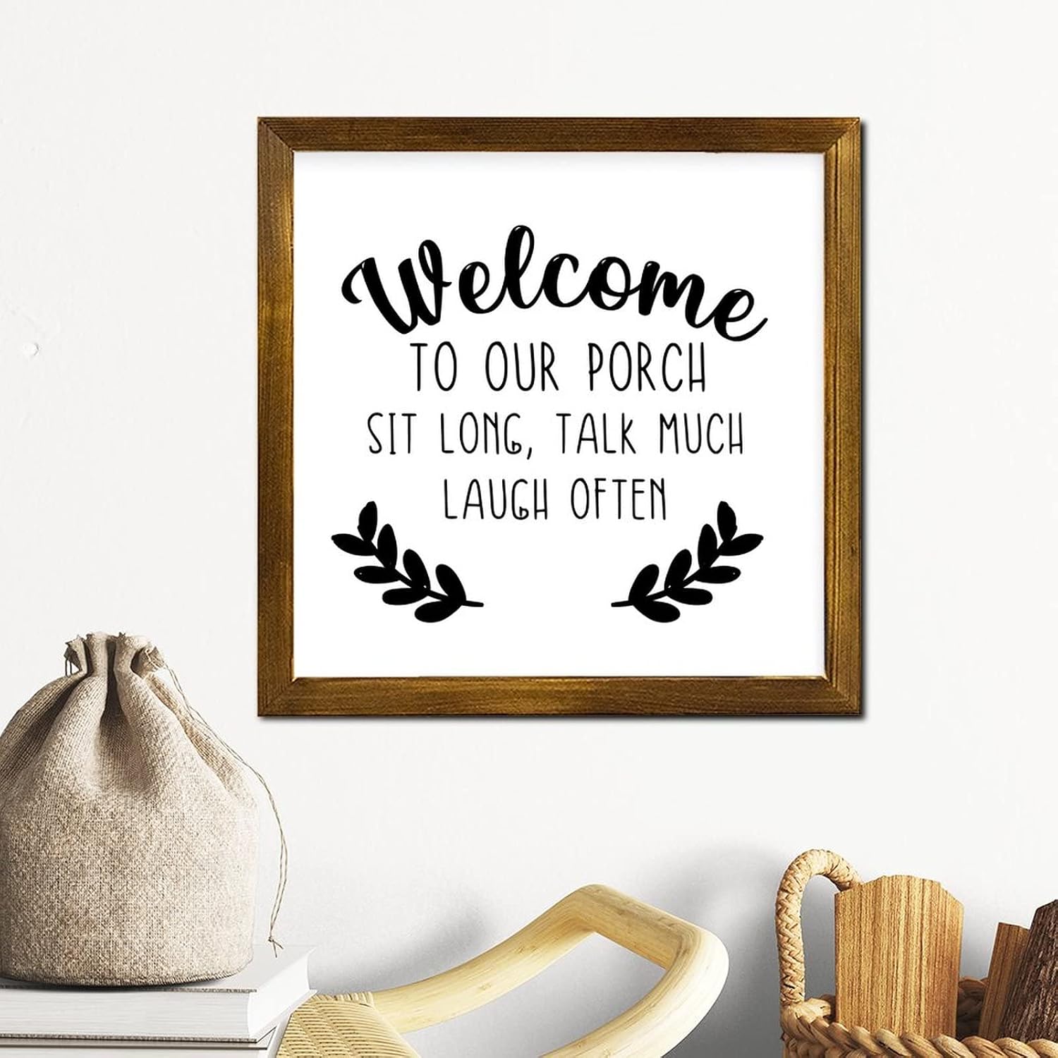 Welcome to Our Porch Sit Long Wooden Framed Sign Christian Scripture Welcome Sign Farmhouse Wall Decor Farmhouse Rustic Wooden for Women Office Bathroom Shelf Decor Housewarming Gift 12x12 Inch