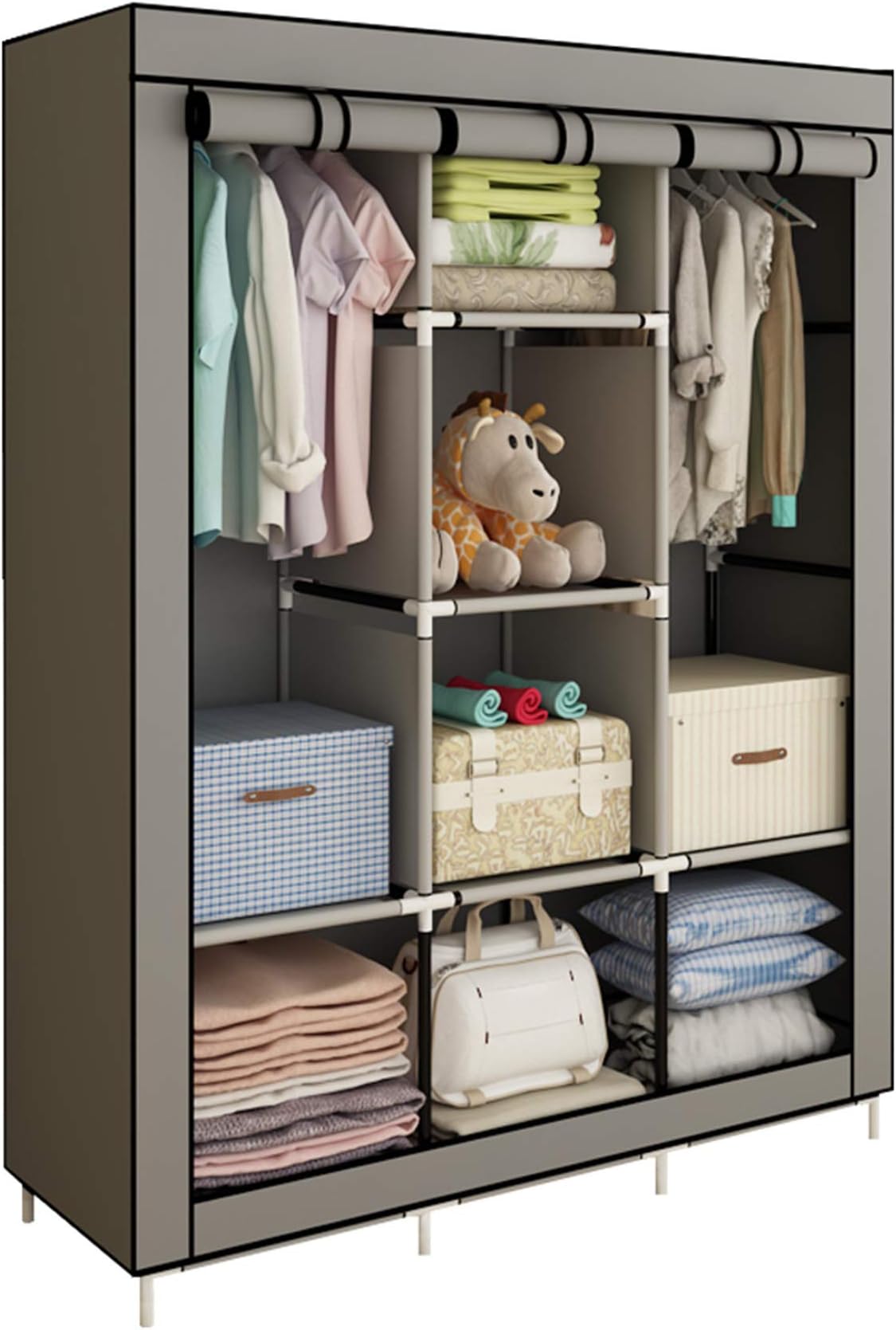 ACCSTORE Canvas Wardrobe Cupboard Clothes Storage Organiser With 2 Hanging Rail and 6 Shelves,Grey