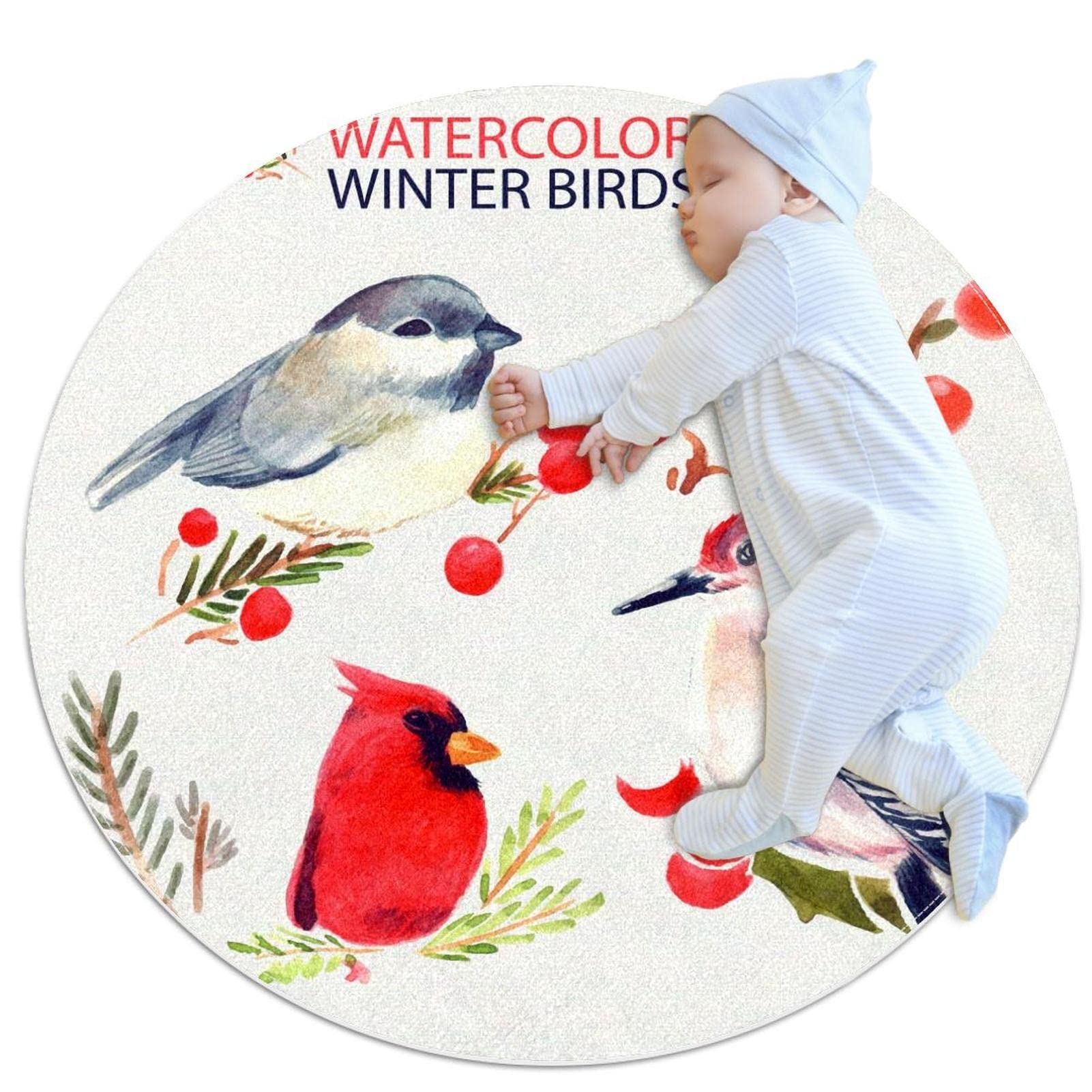 Tapis de salle de bain motif oiseau aquarelle | Grand tapis de douche antidérapant rond 100 cm