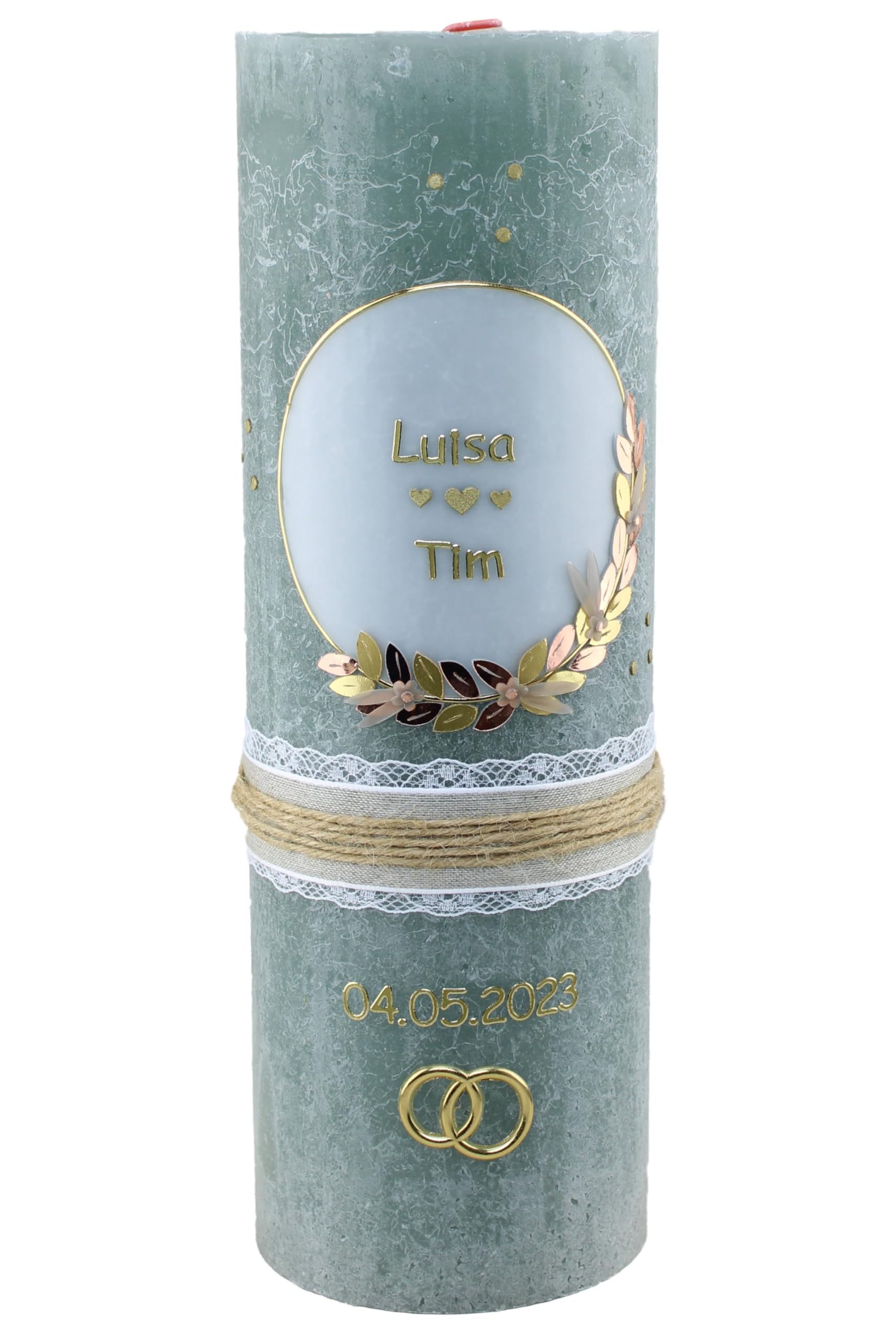 Hochzeitskerze Rustik Luisa und Tim mit Name und Datum, individuell und handverziert 2130
