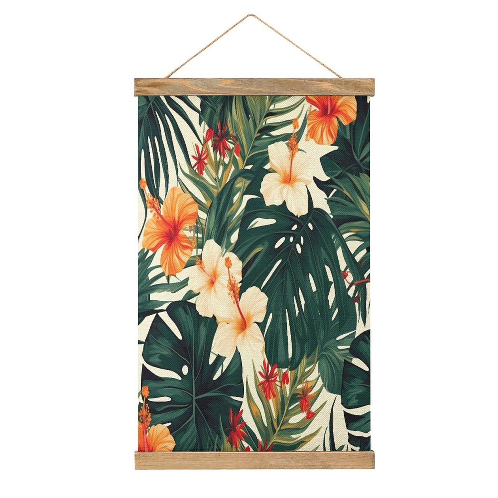 Tropical Summer Hawaiian Flower Palm Leaves Poster with Wooden Frame Hanger Art Painting Wall Decor Poster Wall Hanging Wooden Frame 13x20 Wood Poster Hanger for Photo Picture Art Canvas Print Artwork