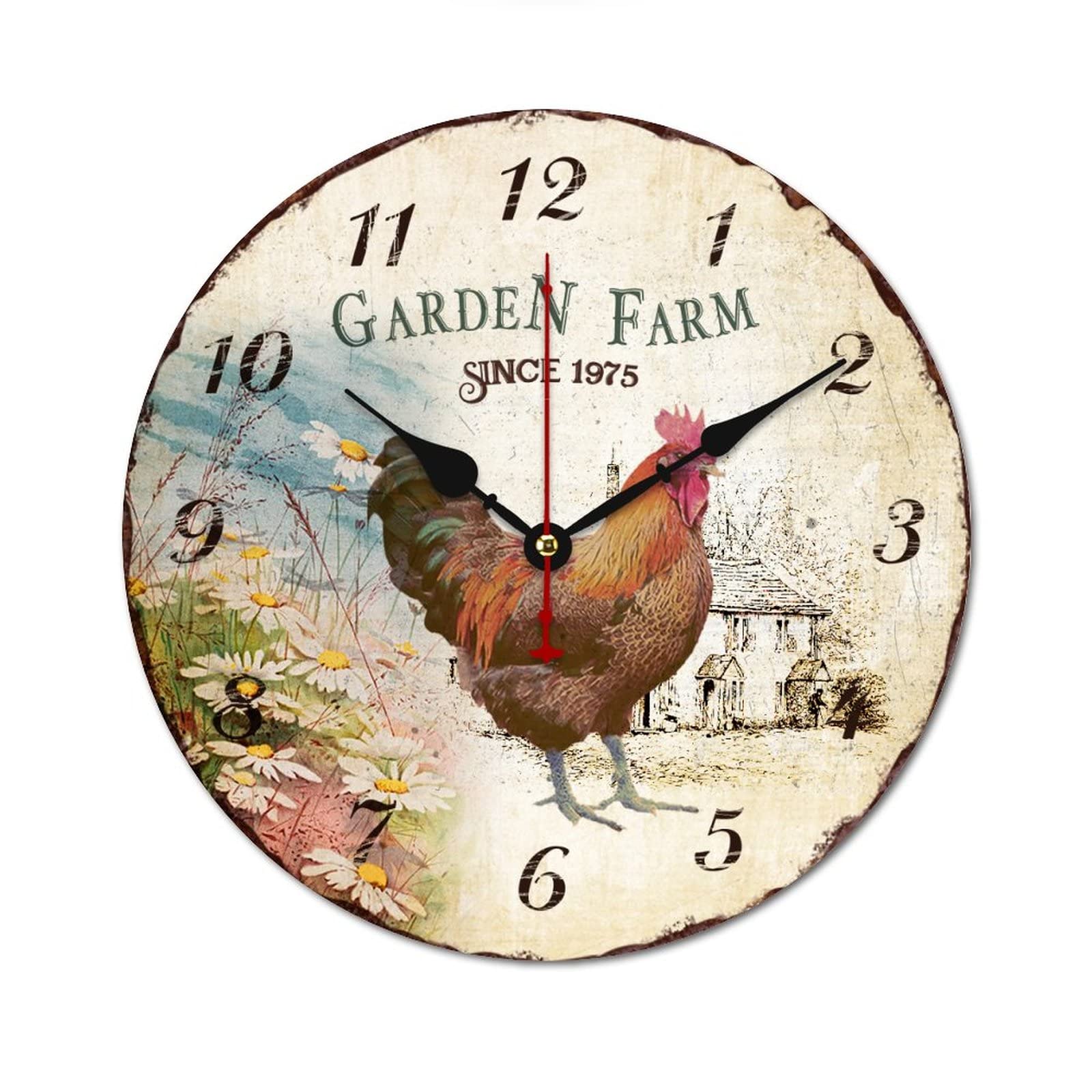 Horloge ronde en bois style vintage rétro Coq 38 cm par Garden Farm