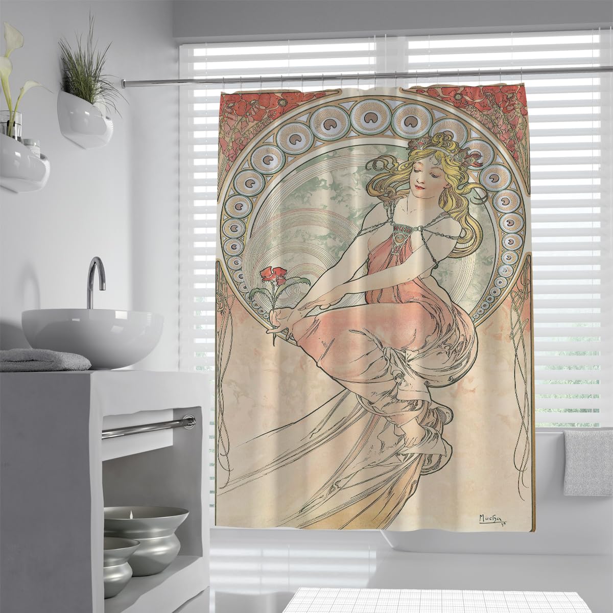 OLLIAR Home Vintage Art Nouveau Painting Style Shower Curtain legant Woman Portrait Print Fabric Bath Curtains Waterproof Washable Decor with Hooks 240x180cm