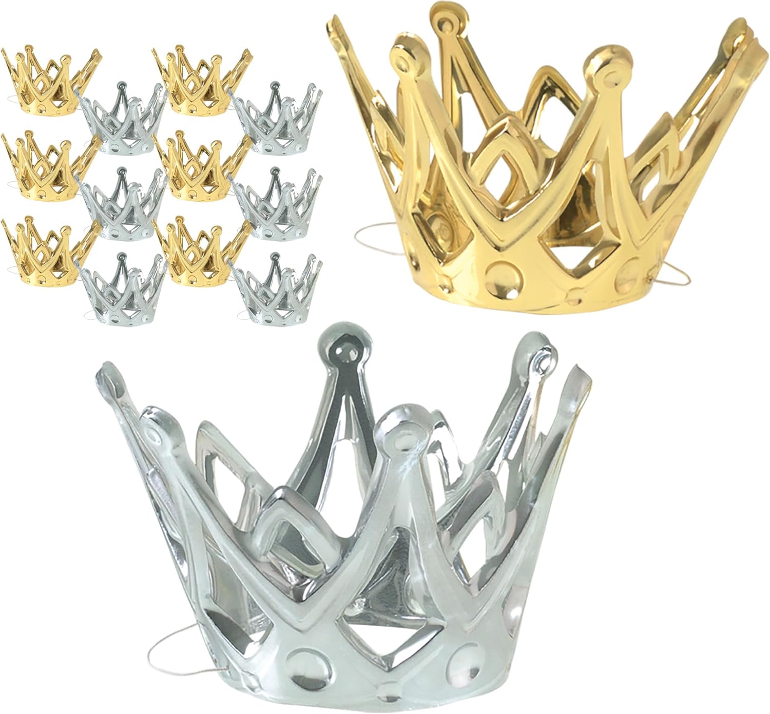 U.S. Toy Dozen Miniature Gold and Silver Party Crowns with Elastic Chin Strap, Multicolor, One Size Fits Most