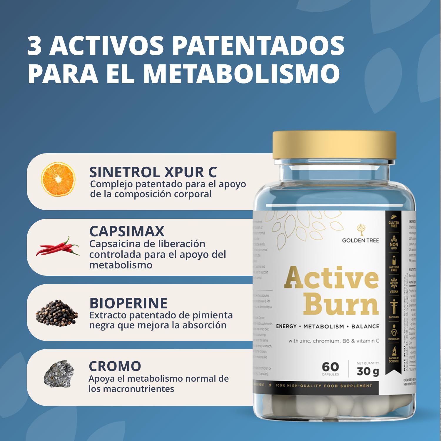 Golden Tree Active Burn − Cápsulas Té Verde, 60 piezas | Con Vitamina C, Vitamina B6, Zinc, Cromo y Extracto de Pimienta Negra