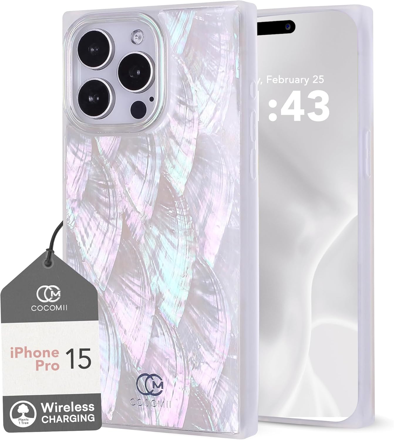 COCOMII Rectangle Case for iPhone 15 Pro, Wireless Charging Compatible, Natural Real Mother of Pearl