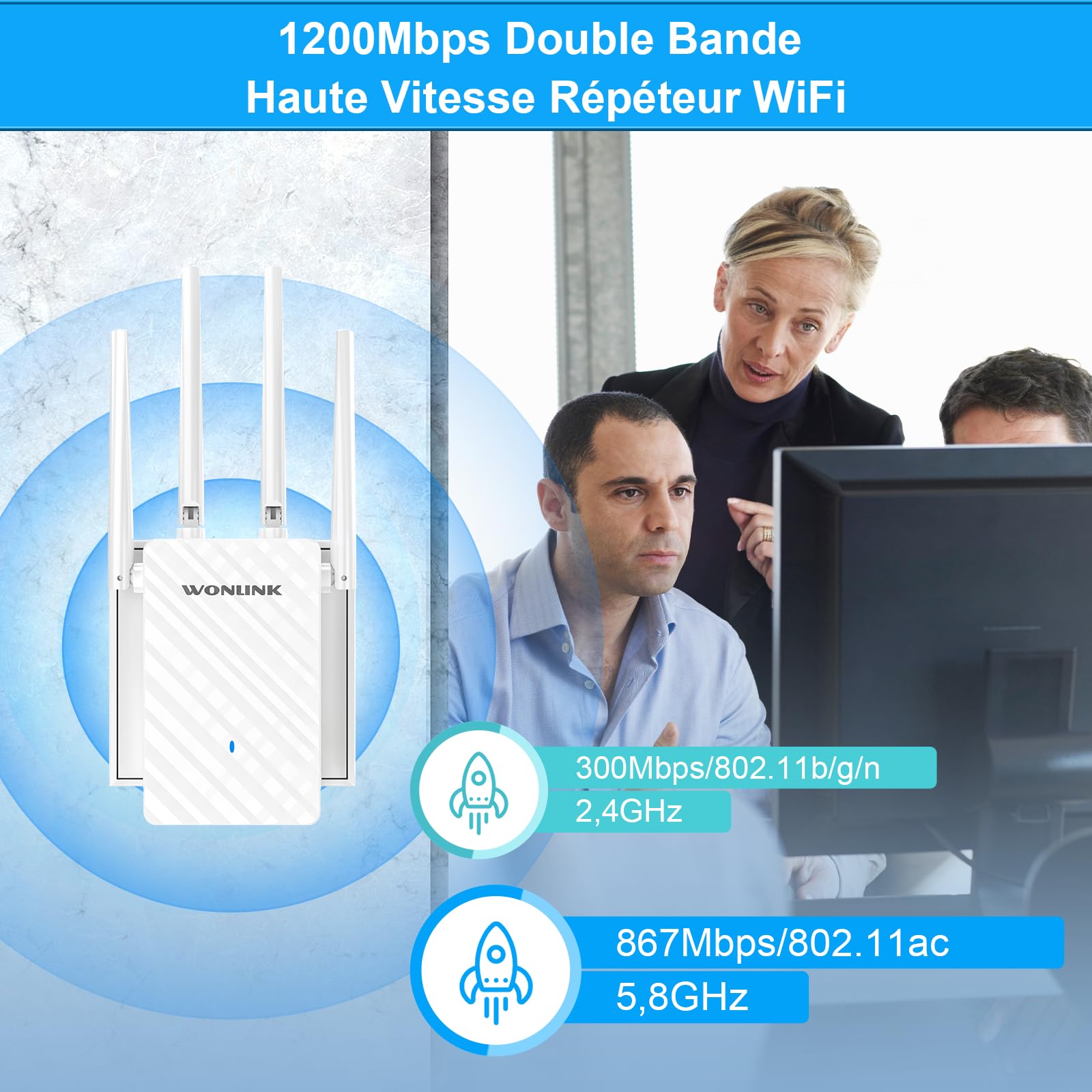 Répéteur WiFi Puissant AC1200 Mbps, Amplificateur WiFi Puissant Double Bande WiFi Extender avec 4 Antennes, Port Ethernet, Couvre jusqu'à 100 m², Compatible avec Toutes Les Box Internet
