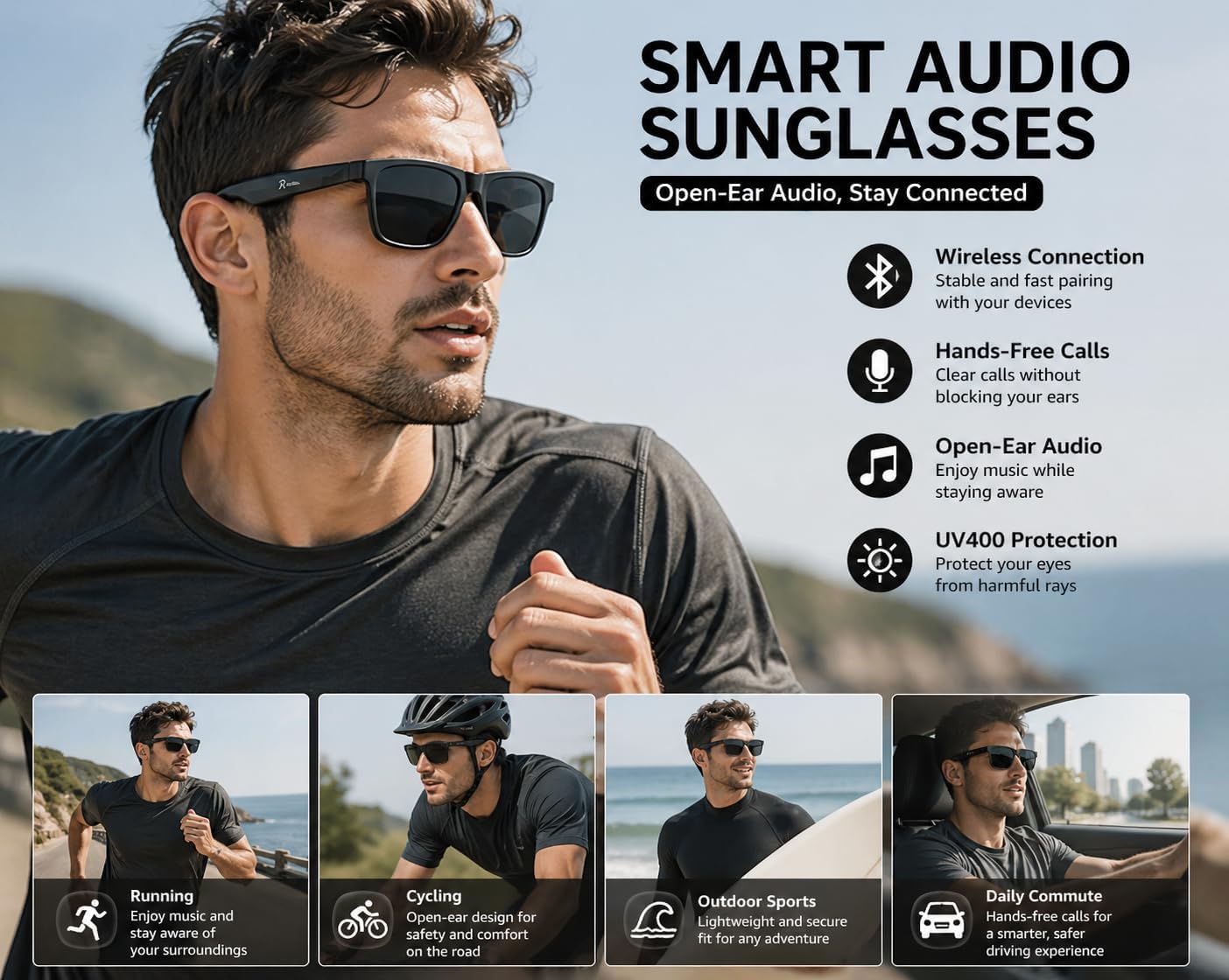 Smart Audio Sunglasses – Wireless Connectivity, Hands-Free Calling & Music, UV400 Protection, Open-Ear Sound, Ideal for Outdoor Sports & Daily Commute