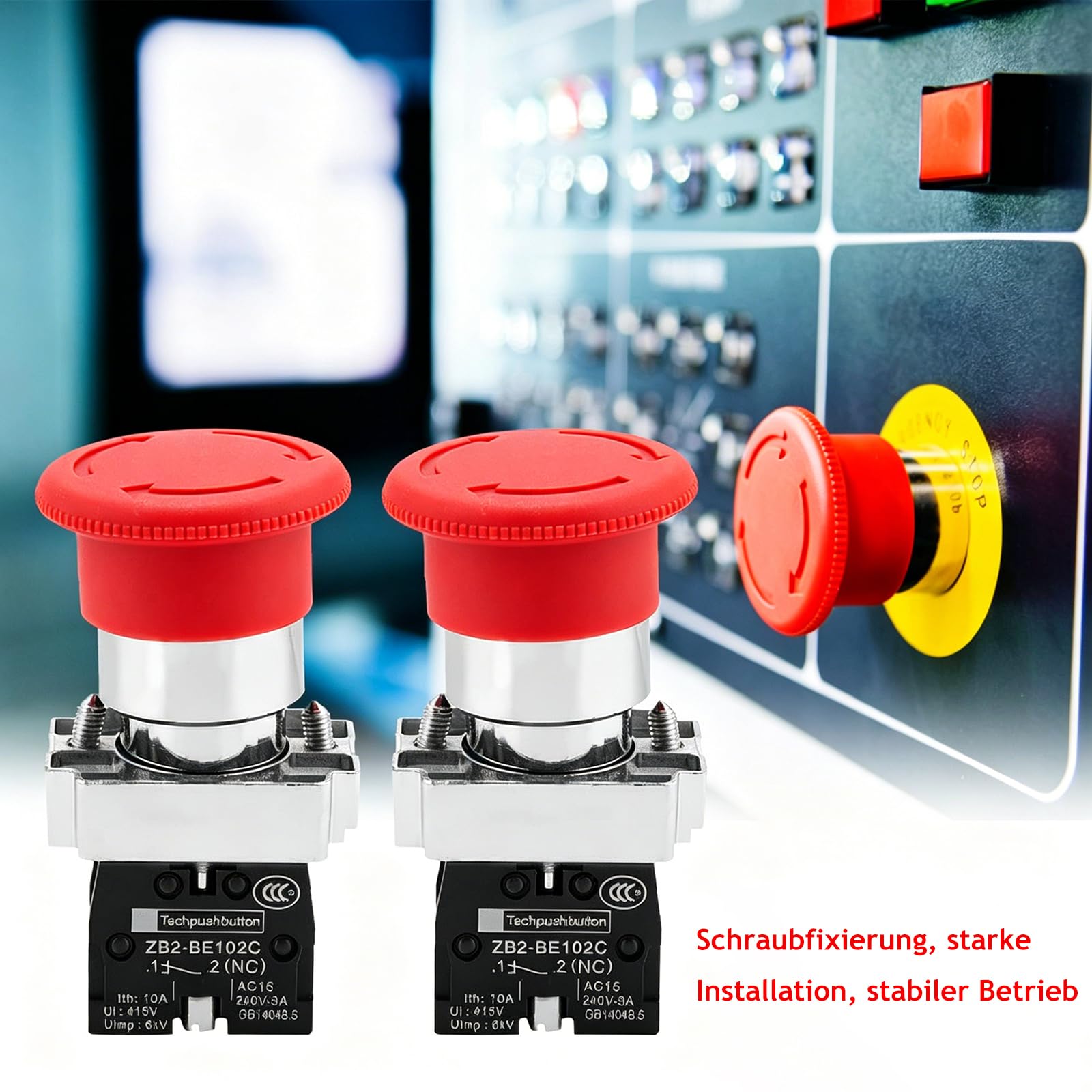 Powice Interruttore di emergenza, rosso, pulsante a fungo, XB2-BE102, contatto NC, 240 V, 2 pezzi
