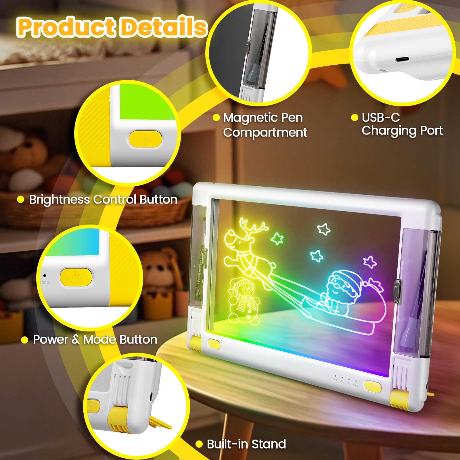 Lavagna da disegno a LED ricaricabile da 15 pollici per bambini, con 9 colori e effetti luminosi, lavagna da disegno al neon per disegnare, idea regalo per adolescenti, 5 pennarelli