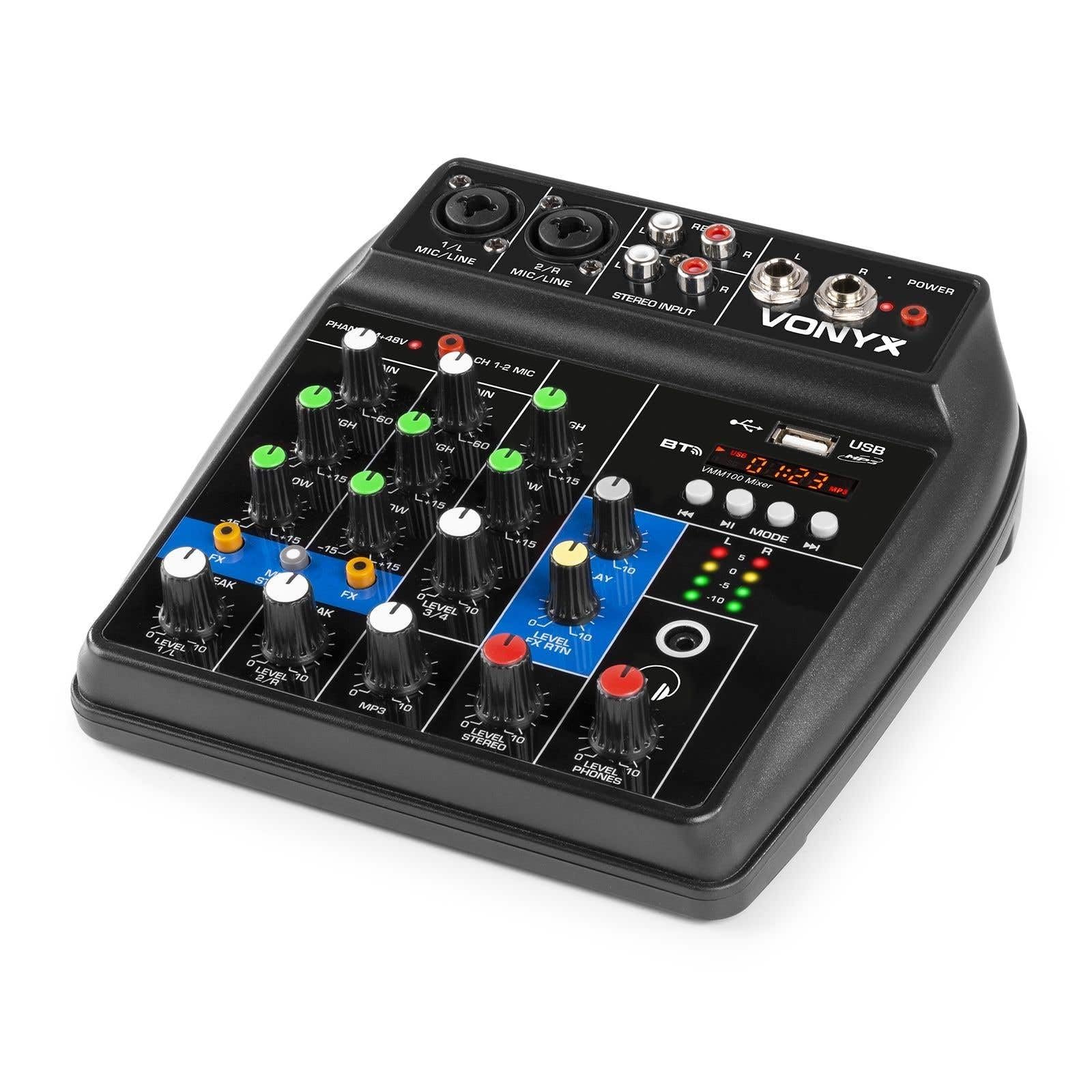 Vonyx VMM100 Mezclador Audio con USB, bluetooth, display, efecto delay, ecualizador de 2 bandas, 2 entradas de micro XLR/Jack, phantom +48v, entrada estéreo, ideal para pequeños eventos o fiestas