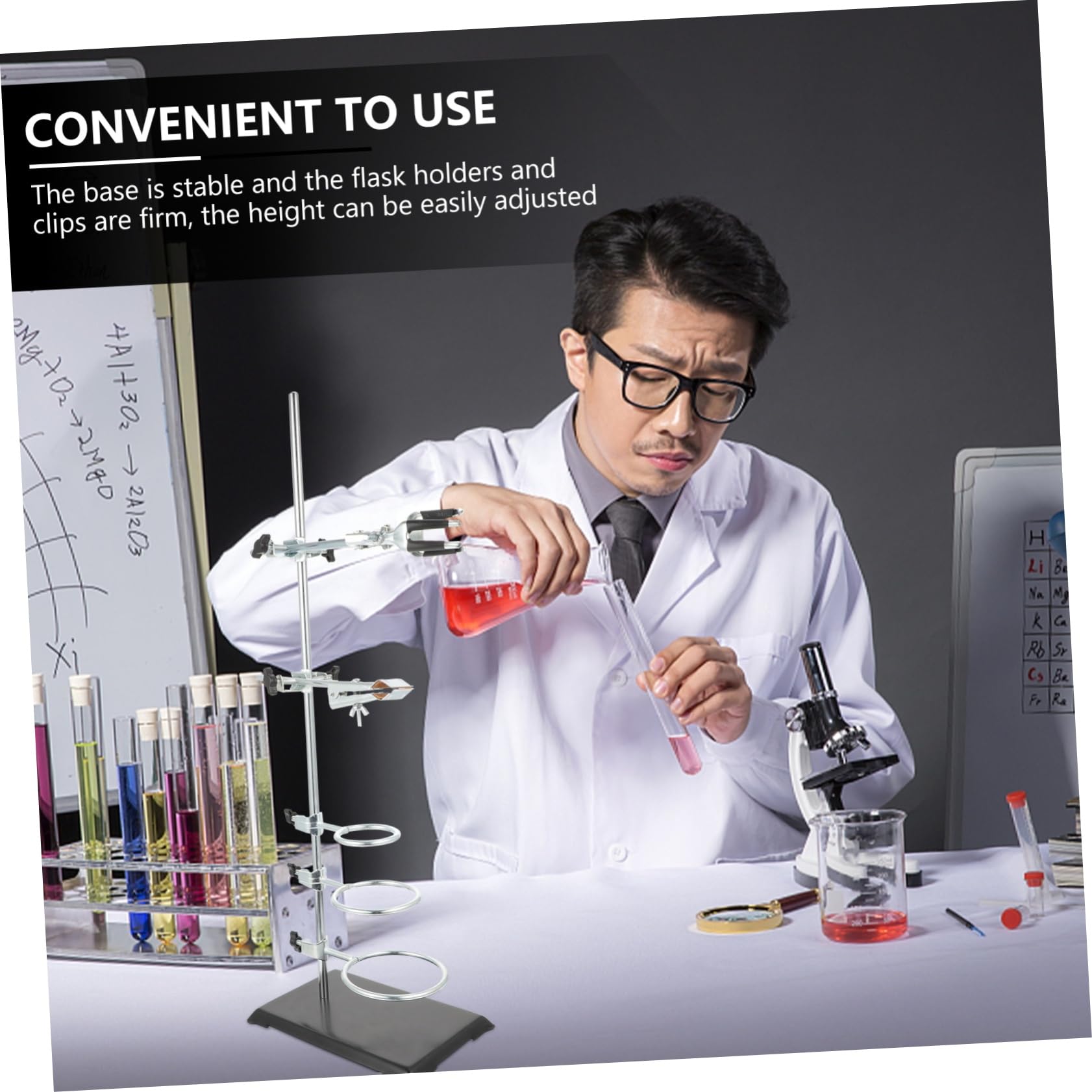 Support D’instruments de Laboratoire 60cm en Fer, Base Argenté | Poteau Unique 6 Supports, Hauteur Réglable, Format Compact pour Matériel de Chimie