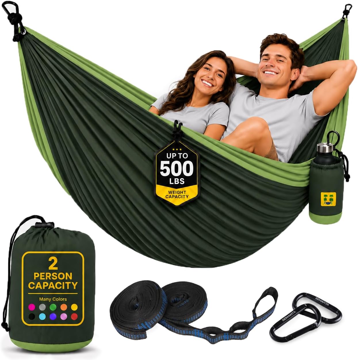 Durable Hammock 500 lb Capacity, Nylon Camping Hammock Chair - Double or Single Sizes w/Tree Straps and Attached Carry Bag - for Travel/Backpacking/Beach/Backyard (Large, Forest Green & Lima Green)