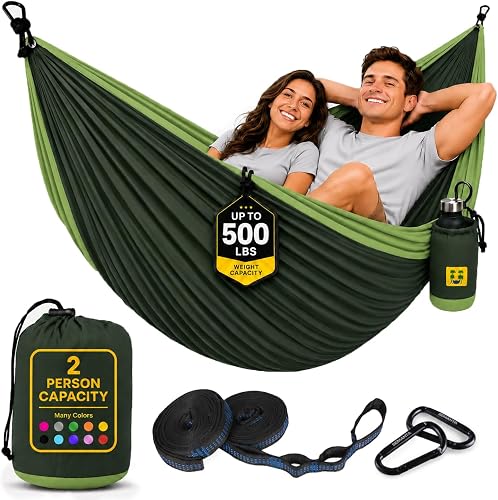 Durable Hammock 500 lb Capacity, Nylon Camping Hammock Chair - Double or Single Sizes w/Tree Straps and Attached Carry Bag - for Travel/Backpacking/Beach/Backyard (Large, Forest Green & Lima Green)