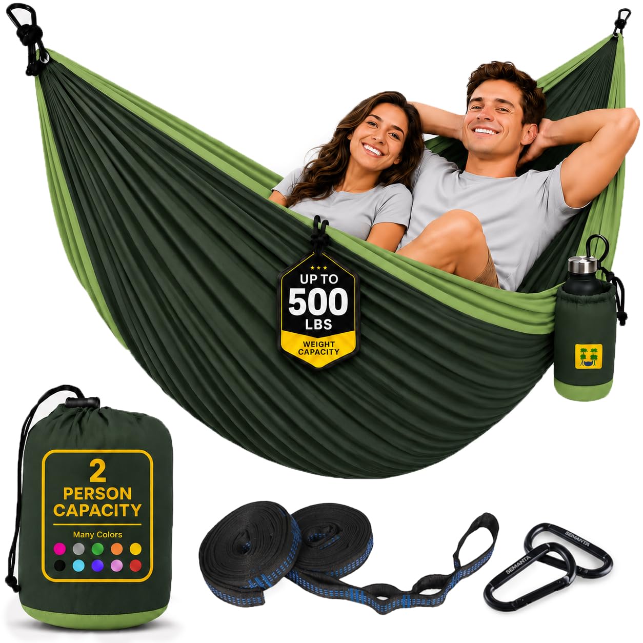 Durable Hammock 500 lb Capacity, Nylon Camping Hammock Chair - Double or Single Sizes w/Tree Straps and Attached Carry Bag - for Travel/Backpacking/Beach/Backyard (Large, Forest Green &amp; Lima Green)