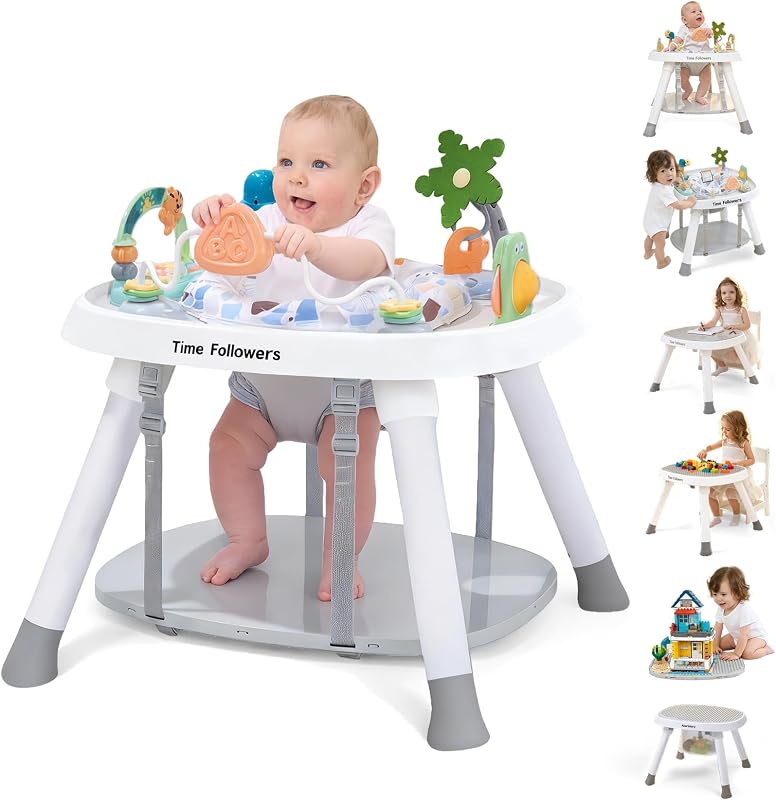 Centro de actividades para bebés 6 en 1 Time Followers® | Juguetes inspirados en Montessori de 4 etapas | Mesa para niños pequeños estacionaria de pie Grow | Saltadores y saltadores | Imprescindible para niños y niñas de 6, 12 y 24 meses o más (blanco)