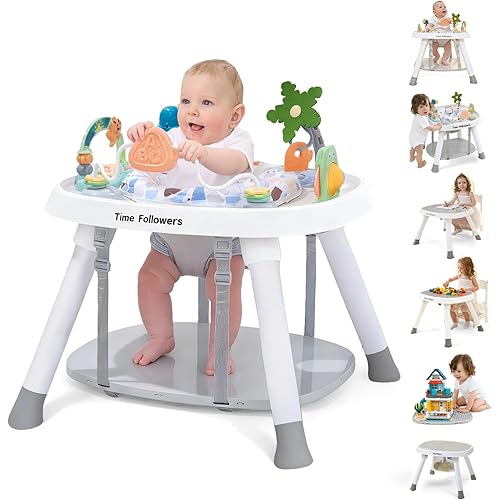 Time Followers® 6-in-1 Baby Activity Center | 4 Stage Montessori-Inspired Toys | Grow Stationary Standing Toddler Table | Jumpers & Bouncers | Must Have for Boy & Girl 6, 12, 24+ Month Old (White)