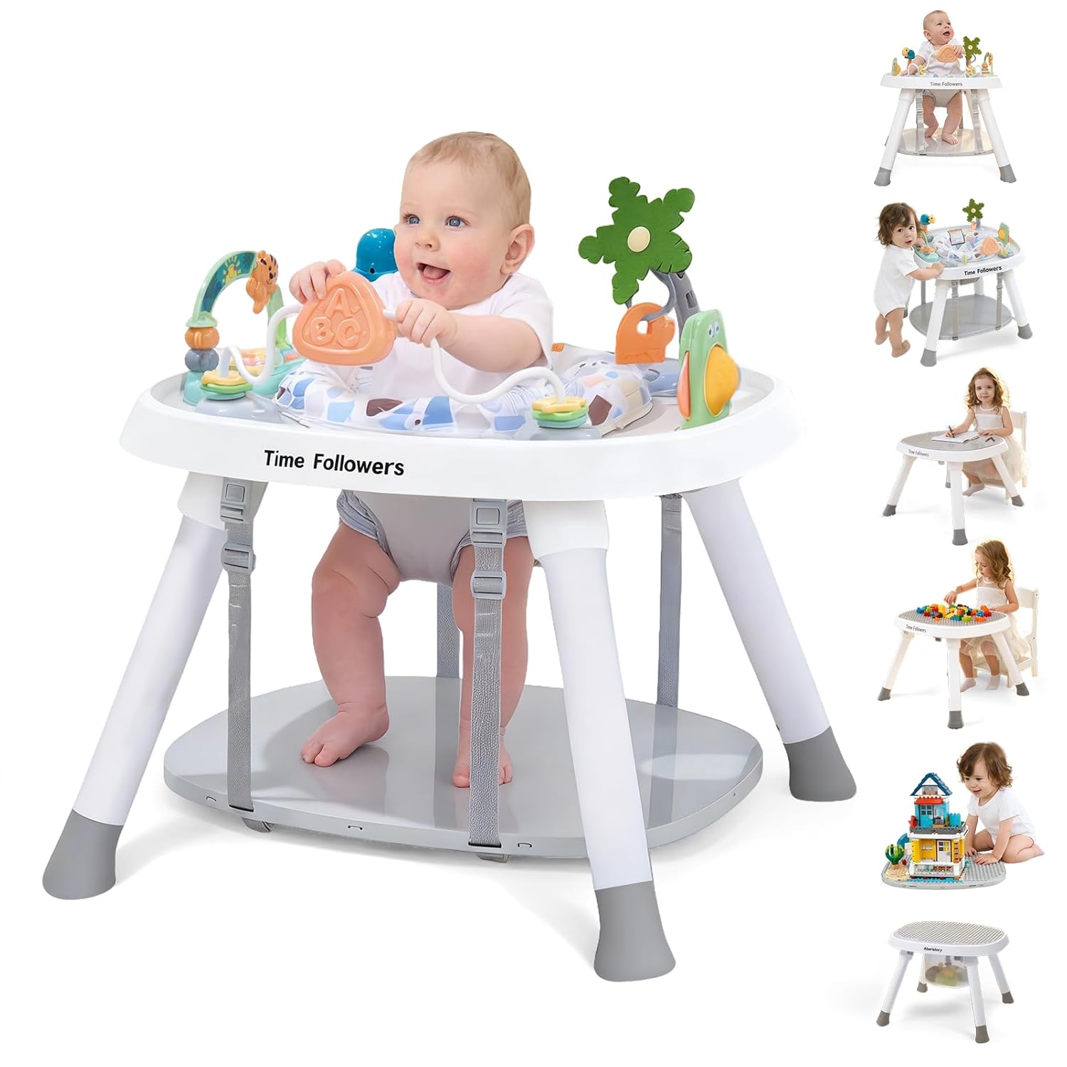 Time Followers 6-in-1 Montessori Baby Activity Center - 4-Stage Grow Jumper, Standing Table for 6-36 Months (White)