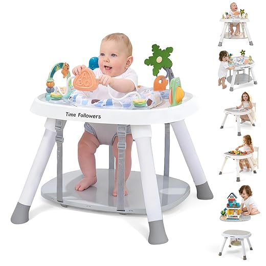 Time Followers® 6-in-1 Baby Activity Center | 4 Stage Montessori-Inspired Toys | Grow Stationary Standing Toddler Table | Jumpers & Bouncers | Must Have for Boy & Girl 6, 12, 24+ Month Old (White)