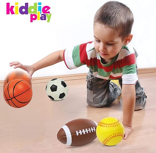 Miniatura 4 de Kiddie Play Juego de 4 pelotas para niños pequeños Pelota de fútbol suave de 4 pulgadas, béisbol, baloncesto y fútbol de 6 pulgadas para niños