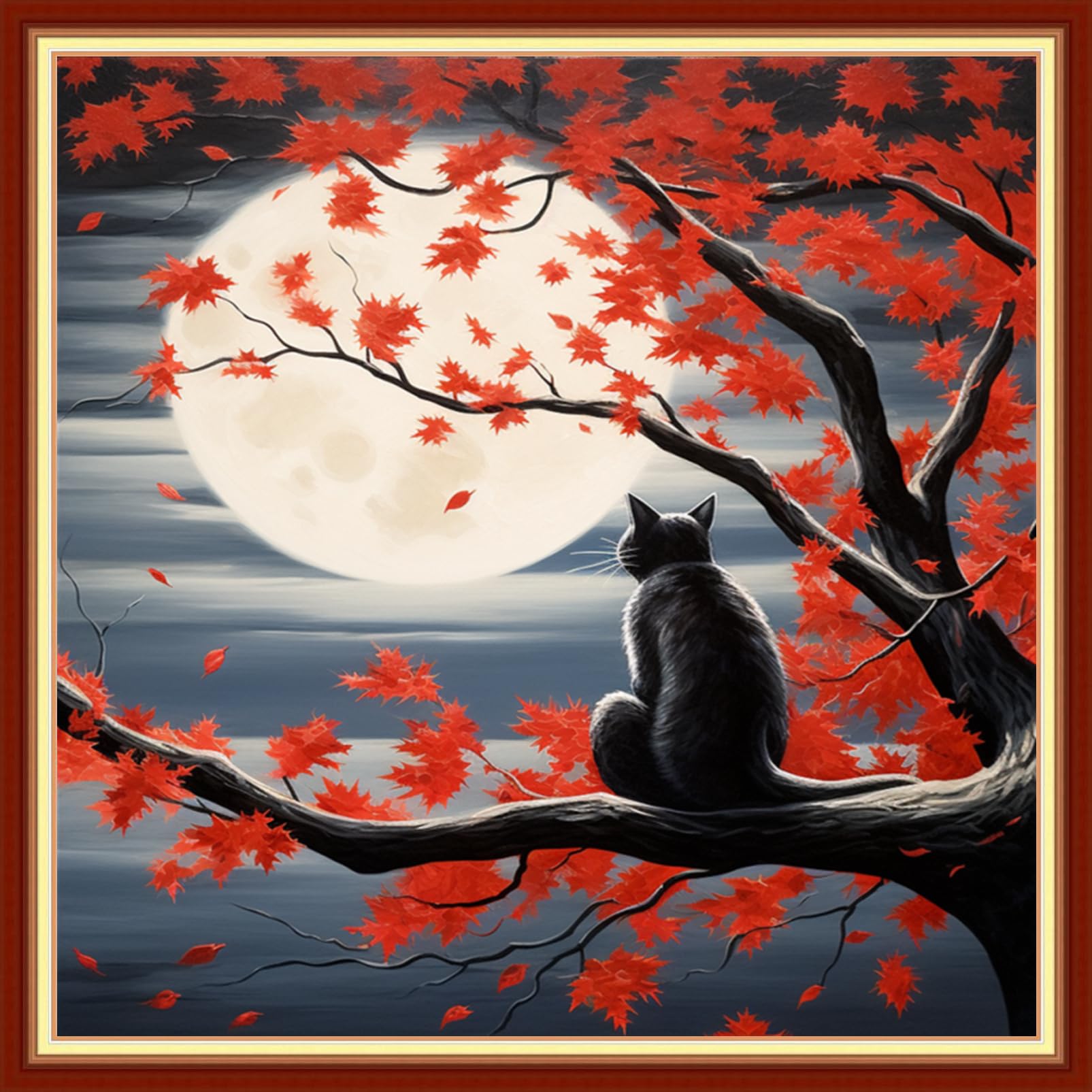Findvoor Stamped Cross Stitch Kits for Beginners Full Range of Cross Stitching Embroidery Pattern for Adults, 11CT DIY Needlepoint Embroidery Starter Kits-Cat Watching Moon 17.7x17.7 inch