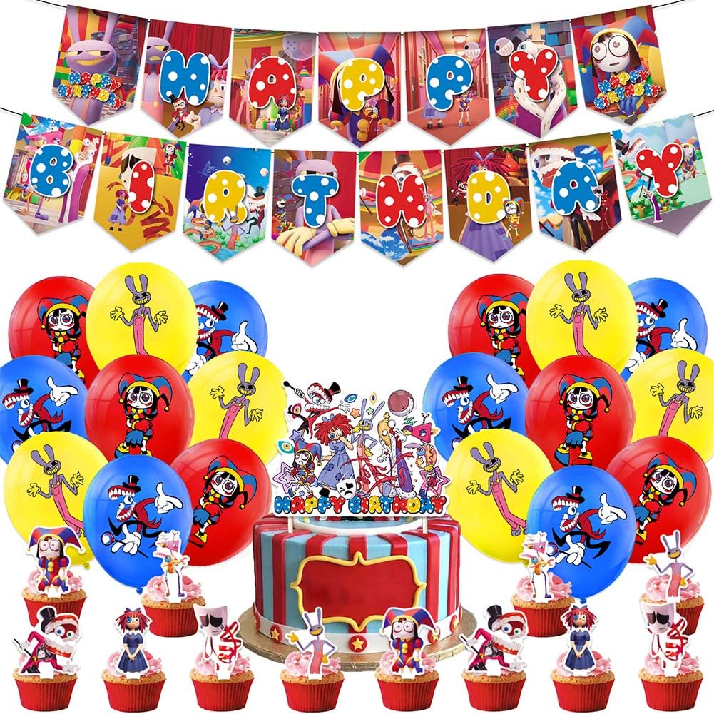 32PCS Digital Circus Birthday Party Decorations - Amazing Supplies With Balloon, Happy Birthday Banner, Cake Topper for Kids Theme Baby Shower