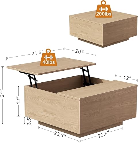 Miniatura 2 de FABATO - Mesa de centro elevable, mesa de café cuadrada de madera con almacenamiento, mesas de café de estilo granja con compartimento de
