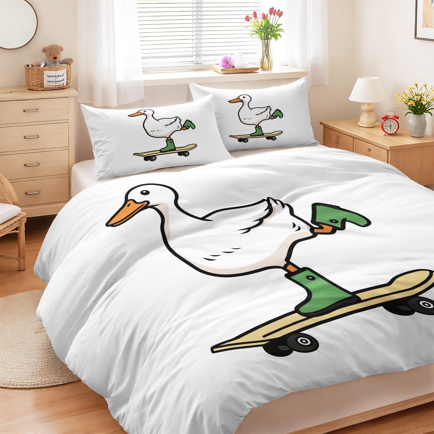 Cartoon Animal Super King zestaw poszewek na kołdrę dla dorosłych, dzieci, chłopców, dziewcząt, urocza kaczka, deskorolka, zestaw pościeli, ultramiękkie, dwustronne, 3-częściowe poszewki na kołdrę z 2