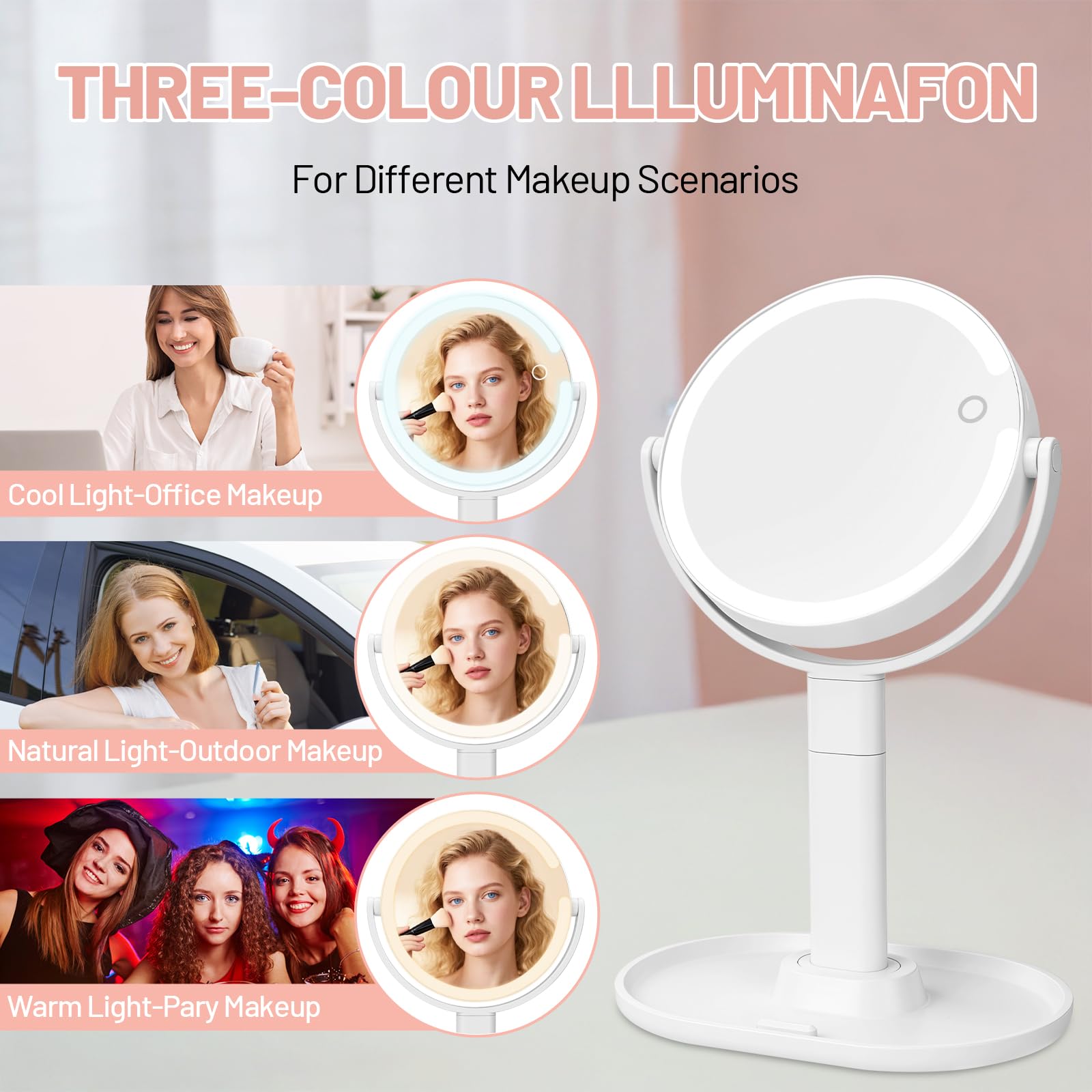 Specchio Trucco con Luci 10X/1X Bifacciale,Specchio Ingranditore 8", Specchio da Tavolo Ricaricabile 1500mAh, 3 Colori di Luci 64 LED Rotazione a 360° Smontabile per Camera da Letto, Viaggio