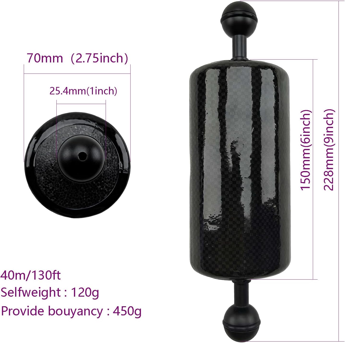 Underwater Float Arm Ultralight Dual 1'' Ball Aquatic Arm Buoyancy Provided 450g Underwater Camera System Diving Tray Video Light Strobe